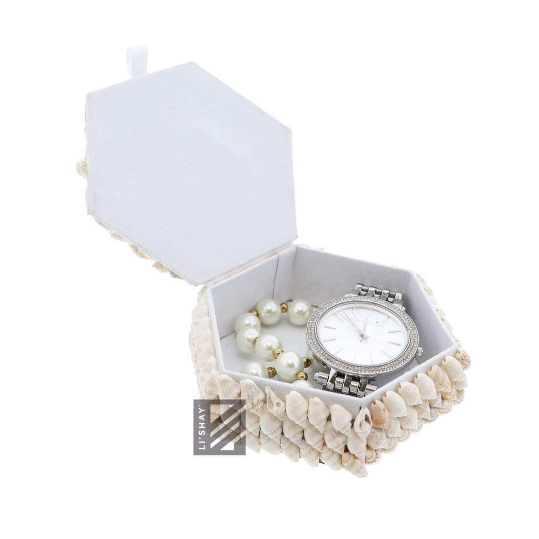 Li'Shay White Seashell Covered Hexagon Jewelry Box - 4 Inch Trinket Storage for Beach Themed Decor, Wedding Favors & Gift Giving
