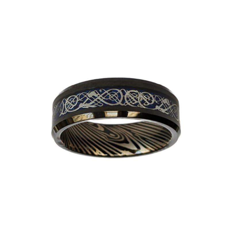 Black Viking Ring for Men - 8mm Damascus Steel Wedding Band with Blue Carbon Fiber Inlay | Polished Celtic Tungsten Ring | Unique Anniversary Gift for Him | Perfect for Weddings, Cosplay & Norse Style Fashion