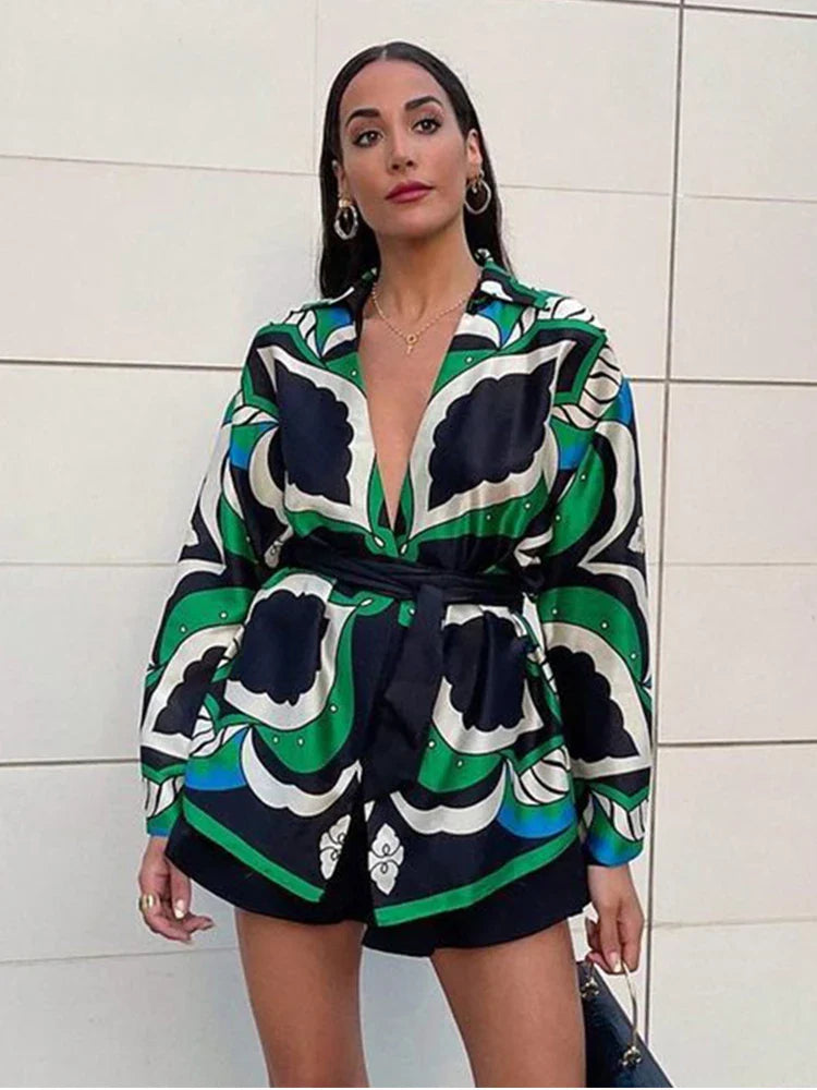 Foridol Oversized Green Print Boho Women's Shorts Set - Matching Shirt, Shorts & Pants 3-Piece Outfit for Summer | Casual Beachwear, Vacation Outfits & Boho Fashion Style