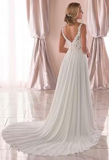 Elegant Lace Applique Wedding Dress Halter Neck Chiffon Bridal Gown A-Line Floor Length with High Slit - Perfect for Beach Weddings, Vow Renewals & Romantic Photoshoots