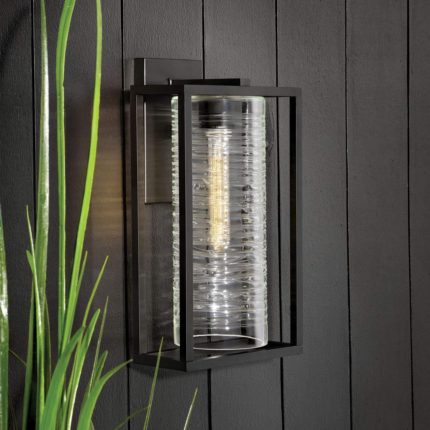 Hinkley Pax Medium Wall Mount Outdoor Lantern - Linear Aluminum Sconce with Clear Spun Glass Shade, T-Bulb Compatible, Satin Black Finish - Perfect for Porch, Patio, and Entryway Lighting