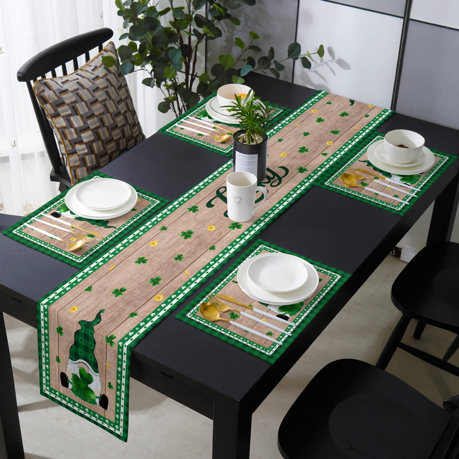 St. Patrick's Day Table Runner and 4-Piece Placemat Set - 90 x 13 Inch Lucky Clover Vintage Wood Design with Non-Slip Backing - Perfect for Holiday Parties, Irish Themed Dinners & Festive Home Decor