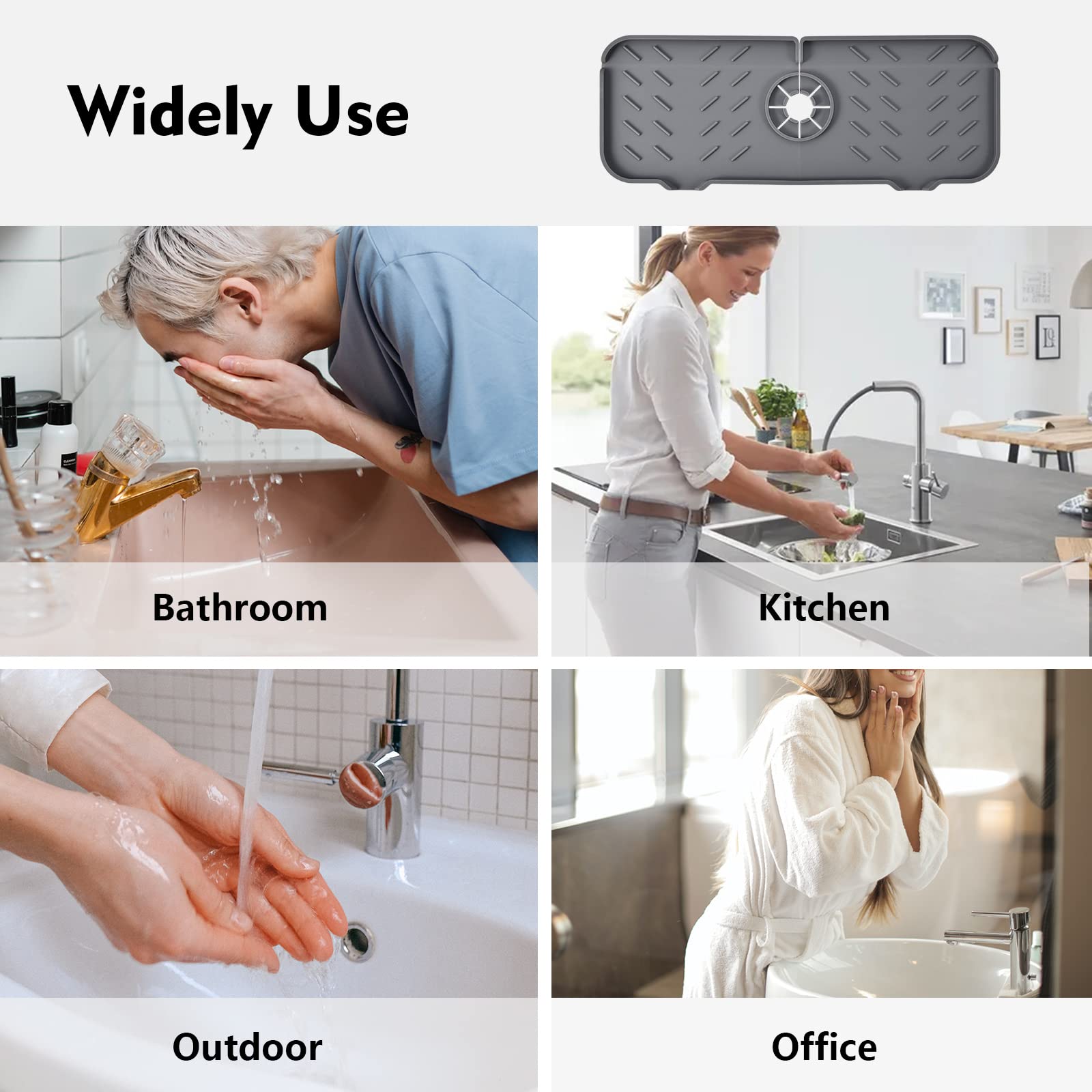 VENMATE Silicone Faucet Mat - 2 Pack Non-Slip Sink Splash Guard for Kitchen & Bathroom | Water Catcher & Draining Pad Behind Faucet | Perfect for Countertop Protection & Keeping Surfaces Dry (Grey)