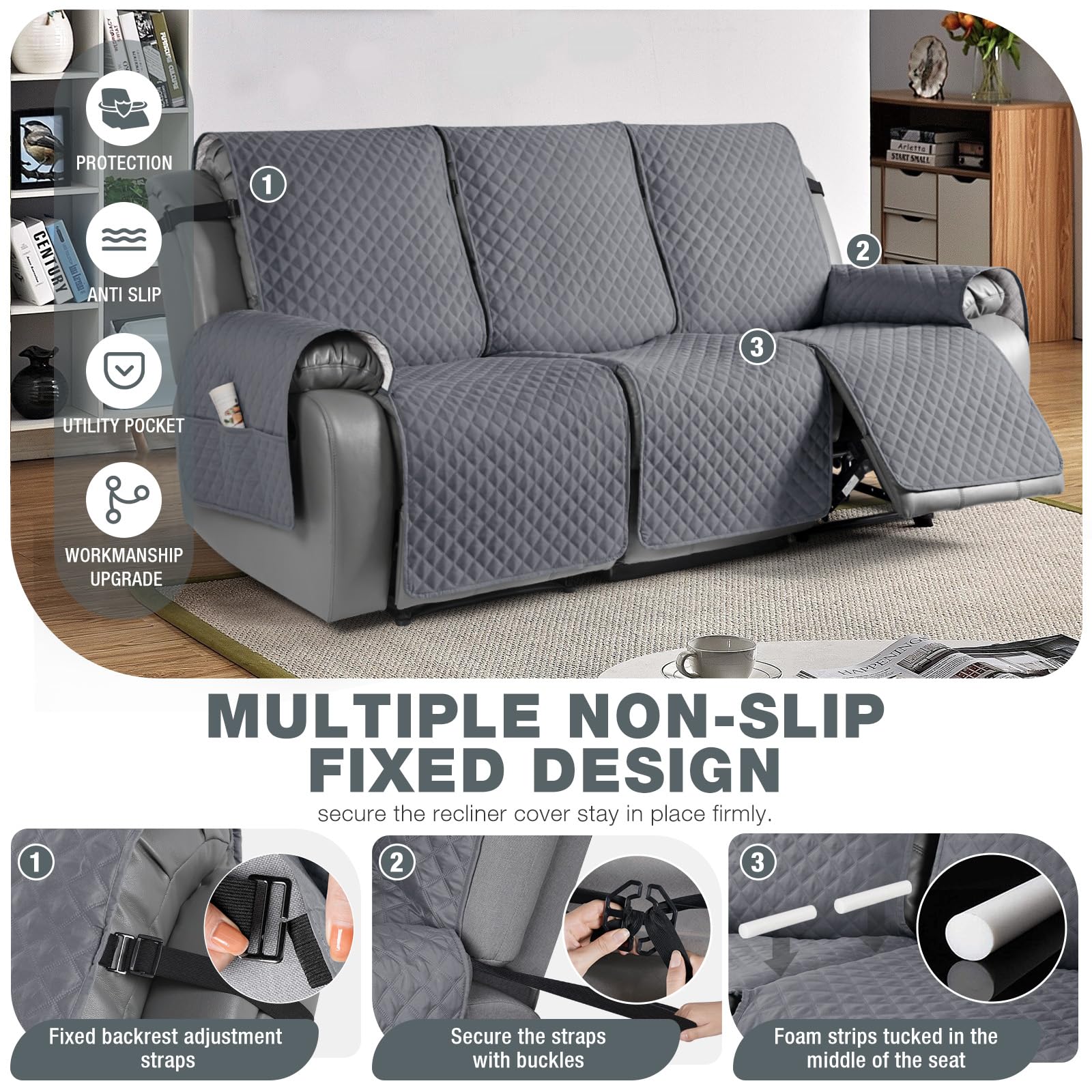 TAOCOCO Anti-Slip Recliner Sofa Cover - 3 Seater Washable Furniture Protector for Leather Couches with Elastic Straps | Pet-Friendly Sofa Cover in Dark Grey | Perfect for Living Room, Home Theater & Family Gatherings