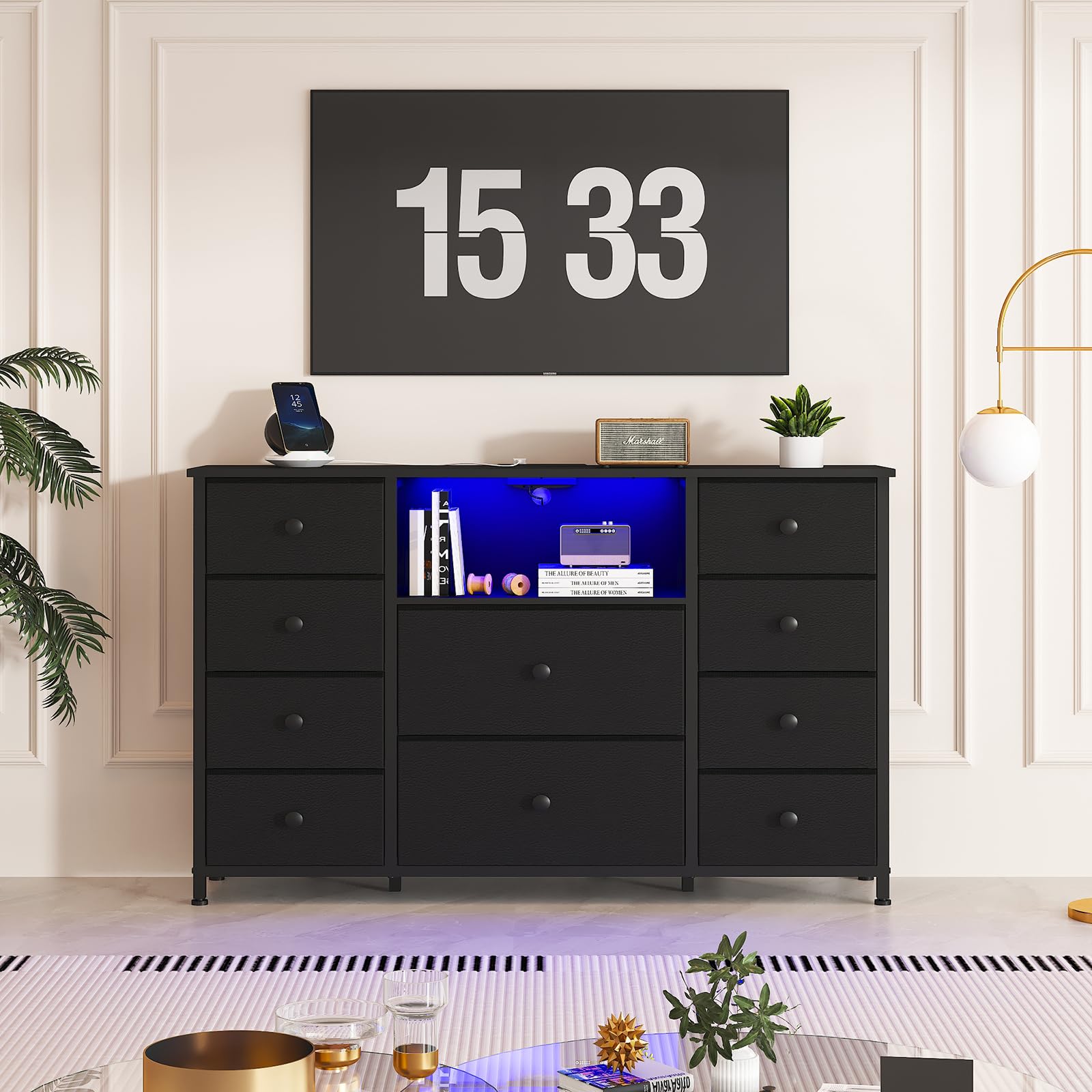 LDTTCUK 10-Drawer Dresser with USB Charging Station & LED Lights - Fabric Storage Organizer with PU Finish, Black - Perfect for Bedroom, Living Room, or TV Stand