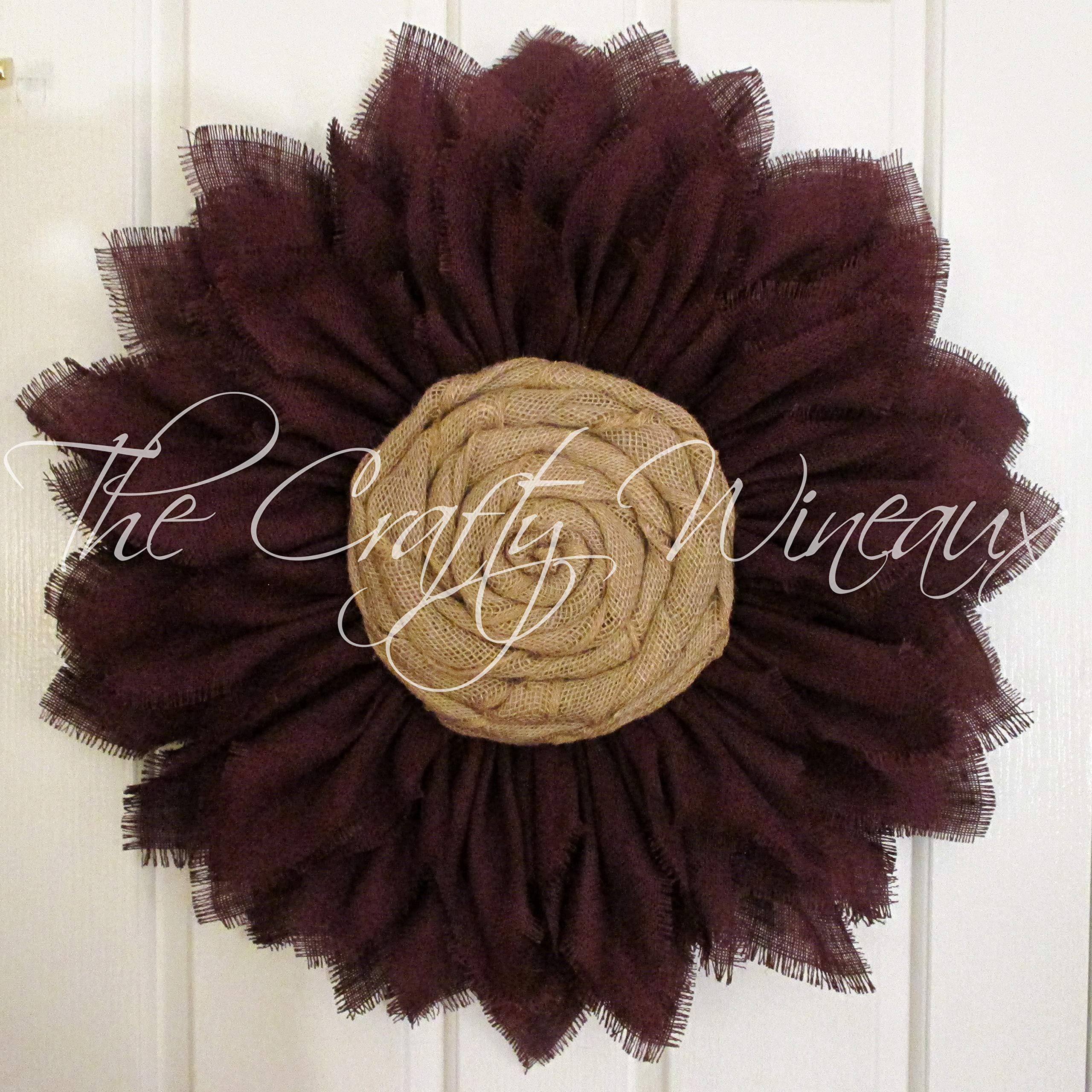 Extra Thick Burgundy Wine Red Burlap Sunflower Wreath - Handmade Farmhouse Decor by The Crafty Wineaux™ - Perfect for Front Door, Fall & Christmas Home Decor