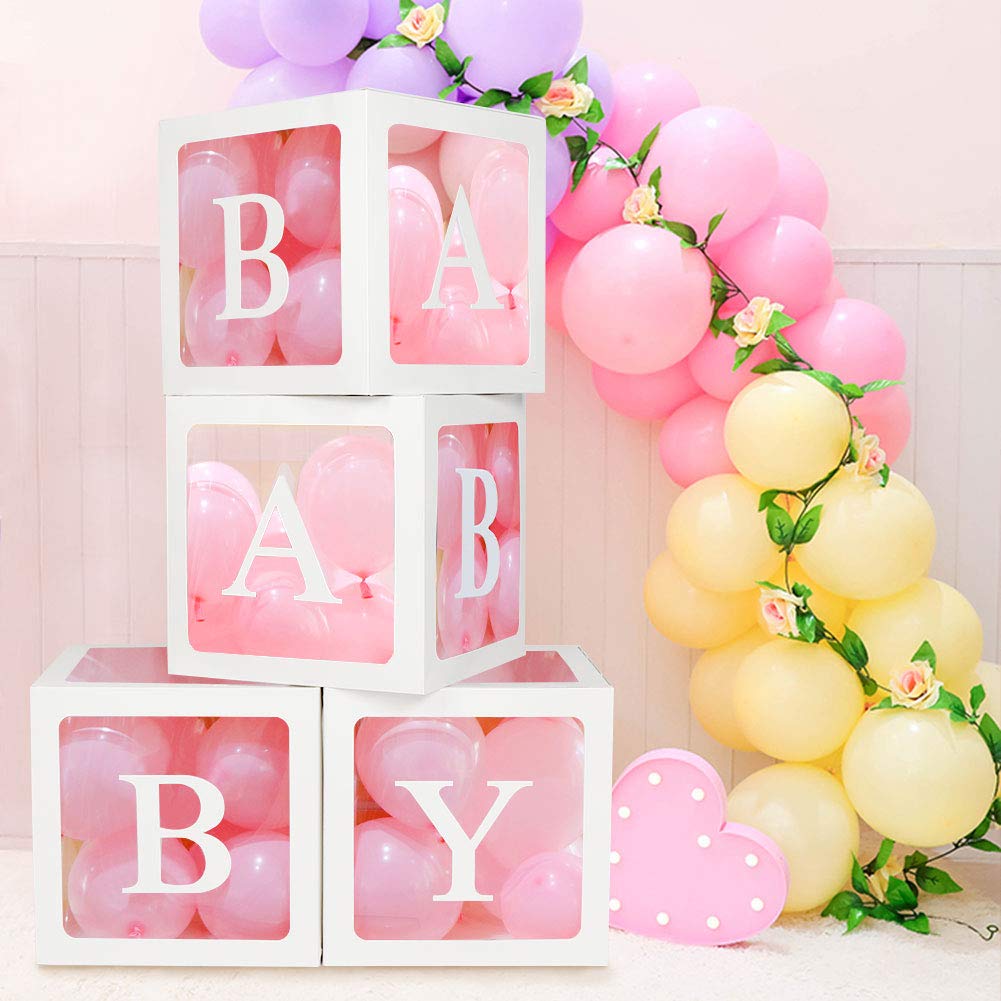 OurWarm Baby Shower Gift Box Set - 4 Pack Baby Boxes with Customizable BABY Letters, Clear Gender Reveal Box for Balloons & Baby Blocks Decor - Perfect for Baby Shower, First Birthday Party Backdrop & Nursery Decorations