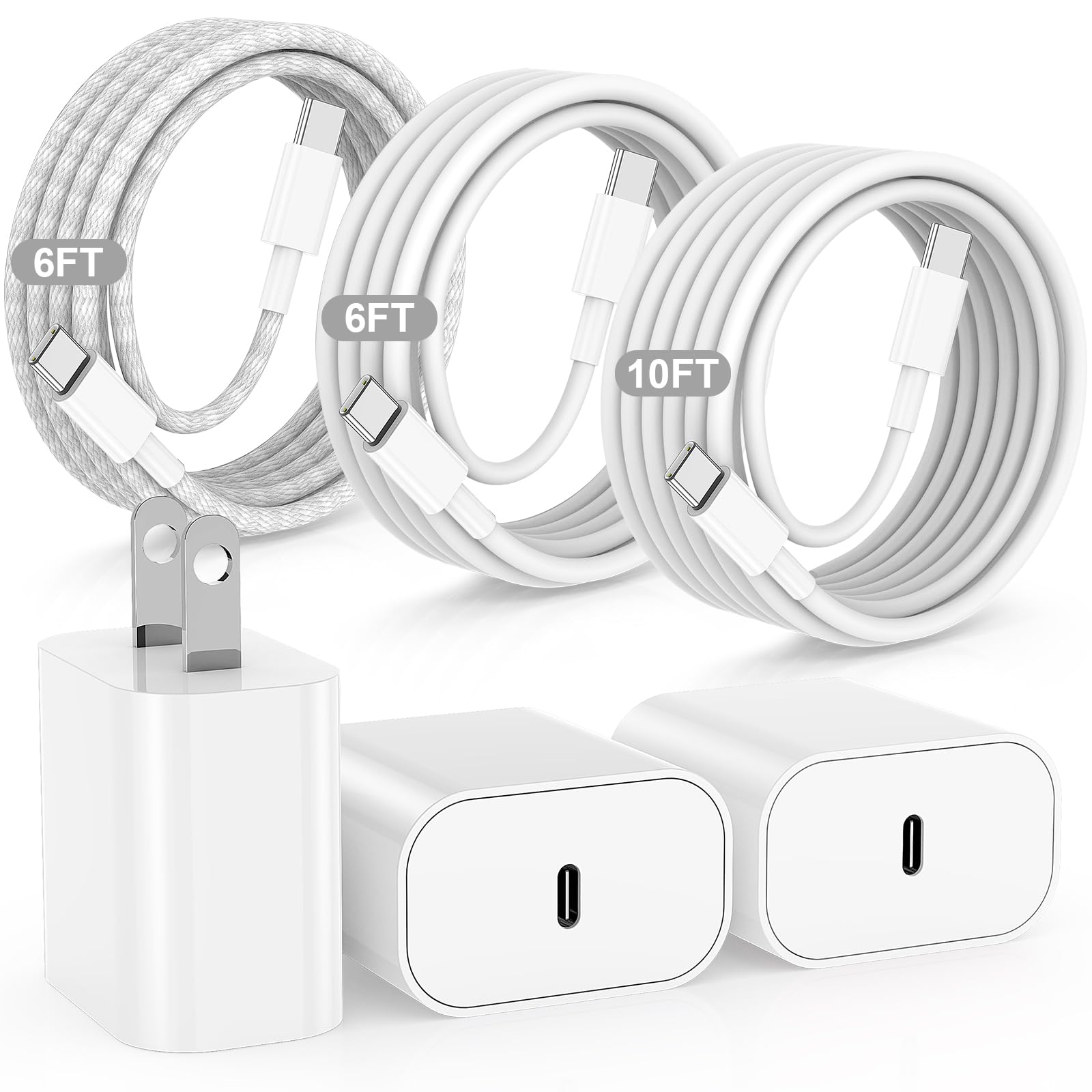 20W Fast Charger 3-Pack for iPhone 15 Pro Max - USB C Charging Block with 6ft/6ft/10ft Cables (Compatible with iPhone 15/15 Pro/15 Plus, iPad Pro 13/12.9/11, iPad 10th/Mini) - Perfect for Home, Office & Travel Charging