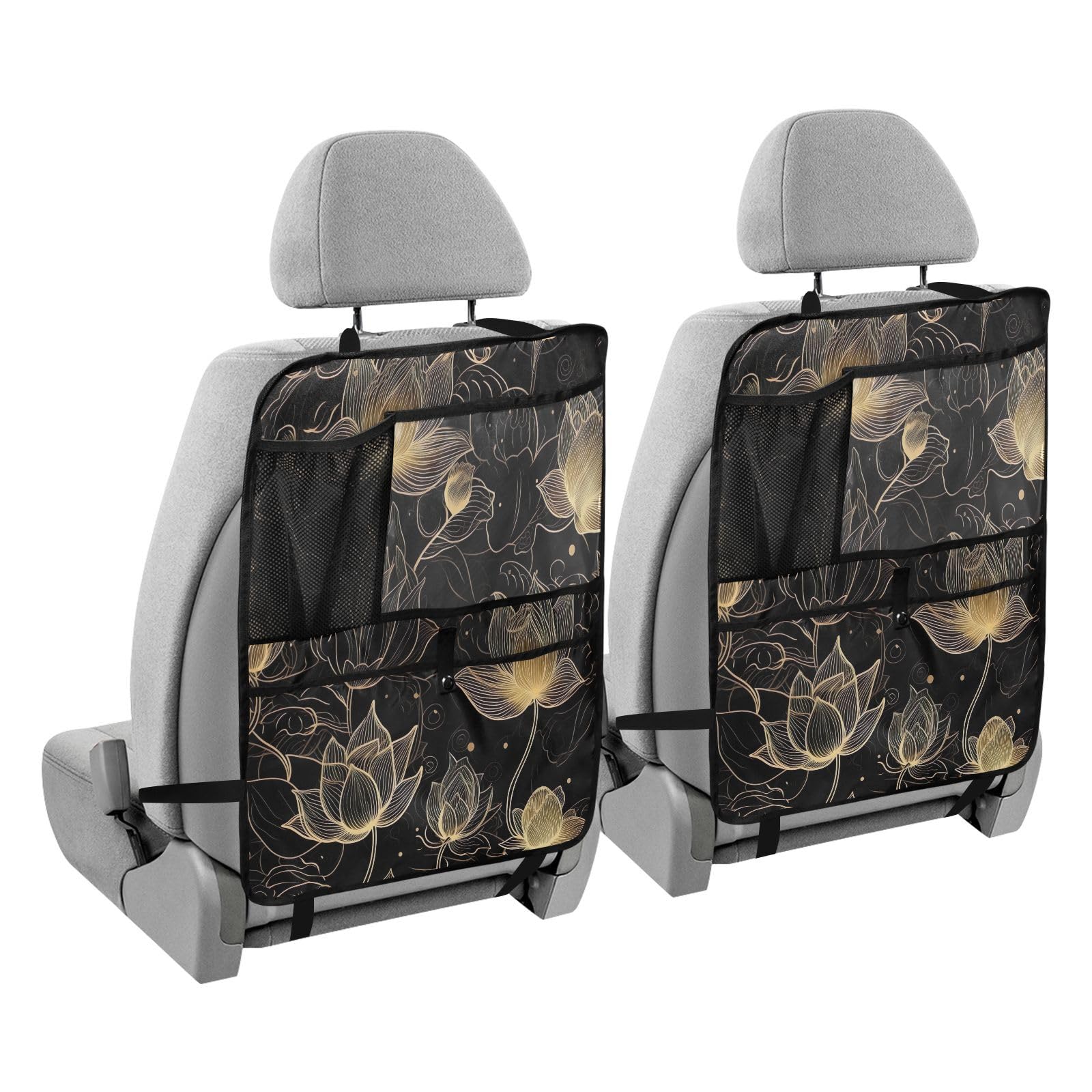 Golden Lotus Black Car Seat Protector with Storage Pockets - Waterproof Back Seat Cover with Kick Mats - Universal Fit for Cars, SUVs & Trucks - Protect Seats from Kids, Pets & Spills (Perfect for Family Road Trips & Daily Commute)