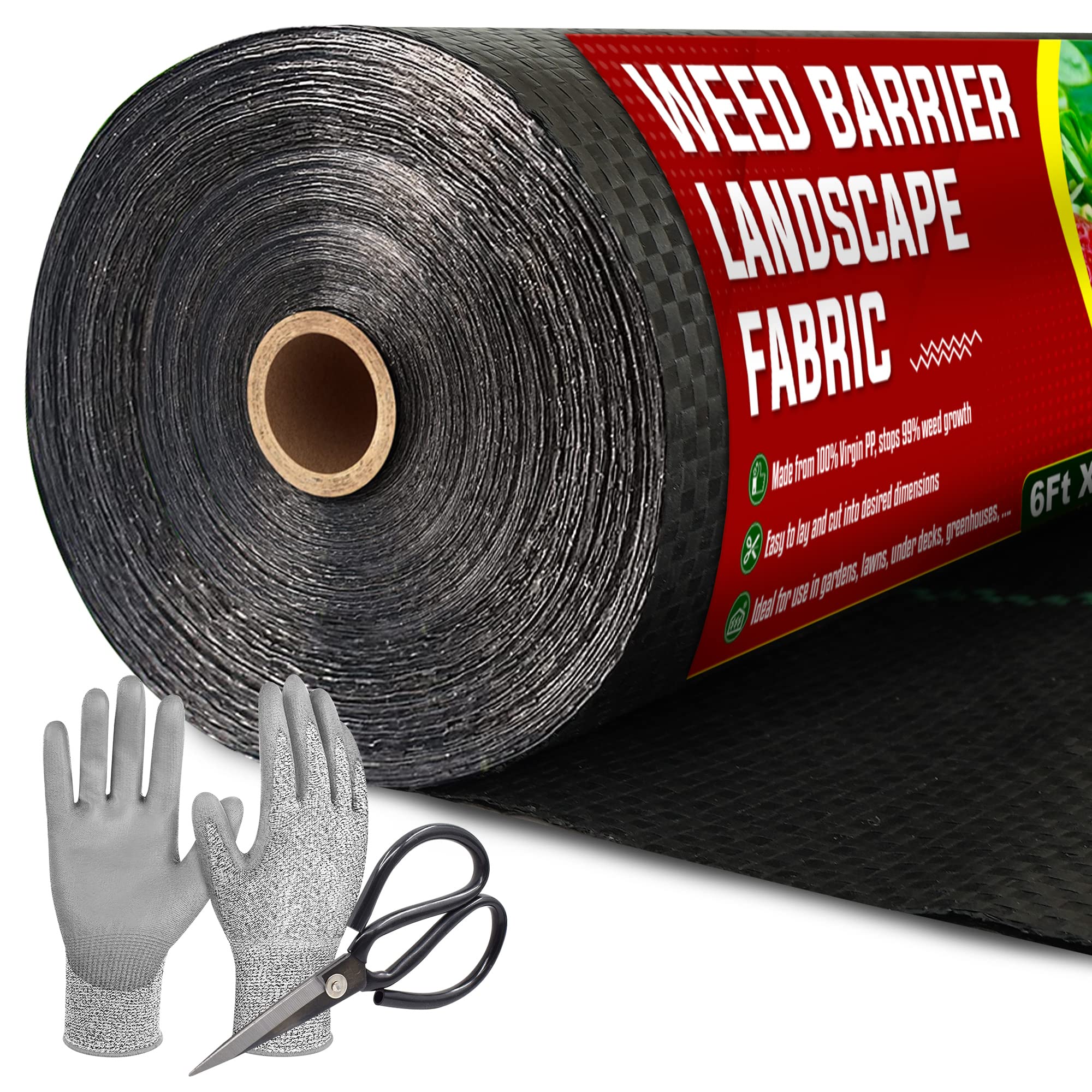 6ft x 500ft Heavy Duty Weed Barrier Landscape Fabric - Premium Weed Block Gardening Mat with Free Scissors & Gloves - Durable Ground Cover for Vegetable Gardens, Flower Beds & Landscaping Projects (Perfect for Weed Control in Backyards, Farms & Commercial Landscaping)