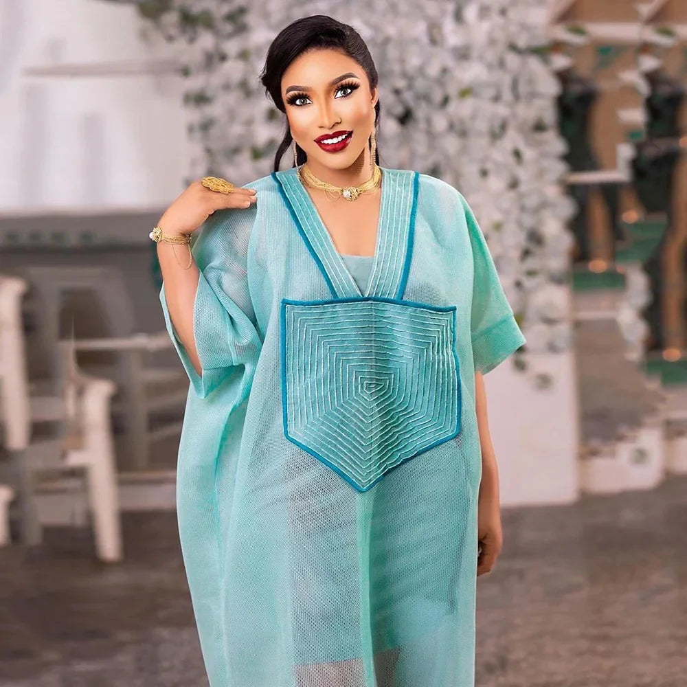 African Modern Blue Mesh Embroidered Deep V-Neck Plus Size Skirt with Inner Lining - Elegant African American Women's Dress for Parties, Weddings & Special Occasions
