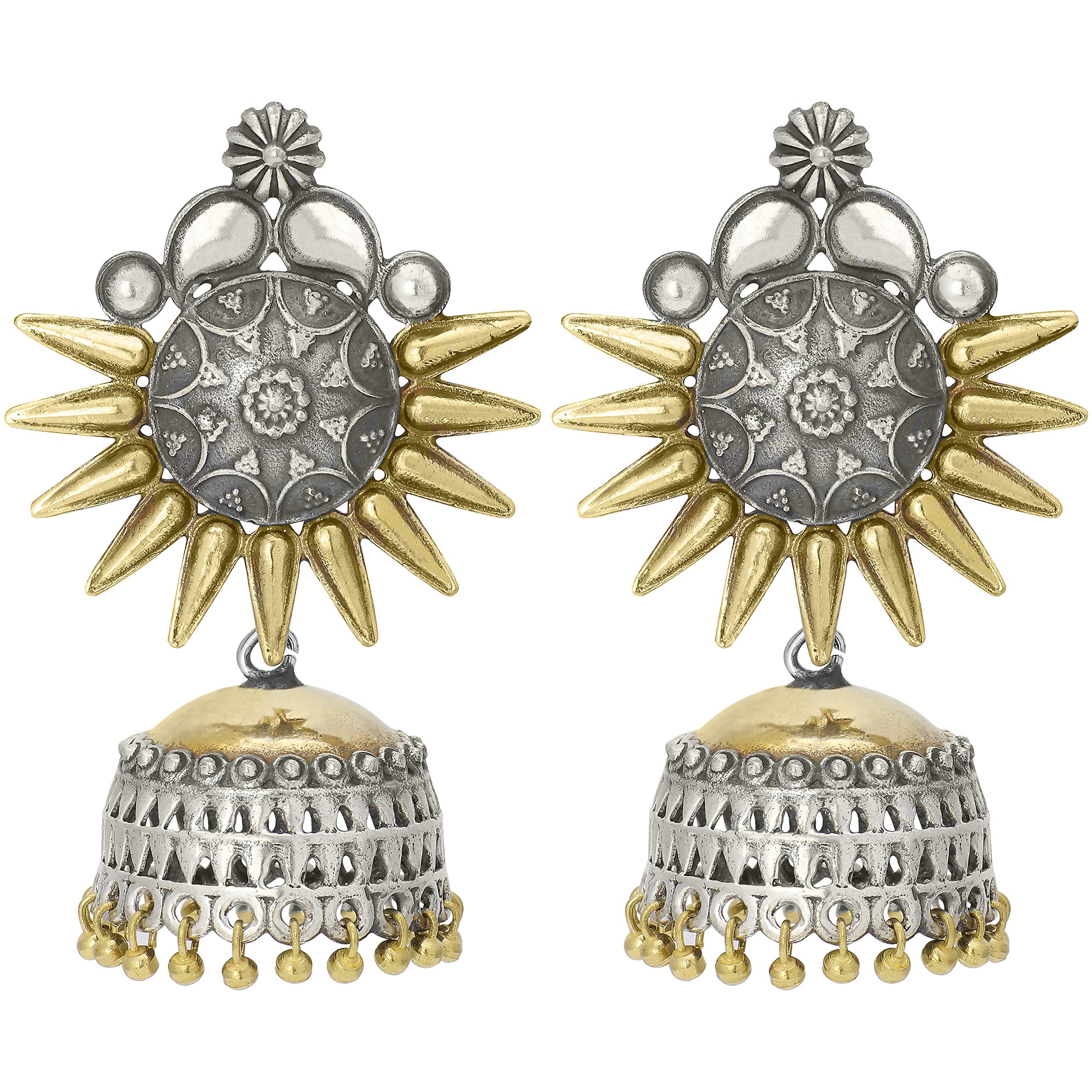 Bohemian Two Tone Oxidized Floral Jhumka Earrings for Women | Indian Ethnic Traditional Jewelry | Wedding, Party & Festival Wear | Handmade Oxidized Silver Earrings for Women's Ethnic Outfits