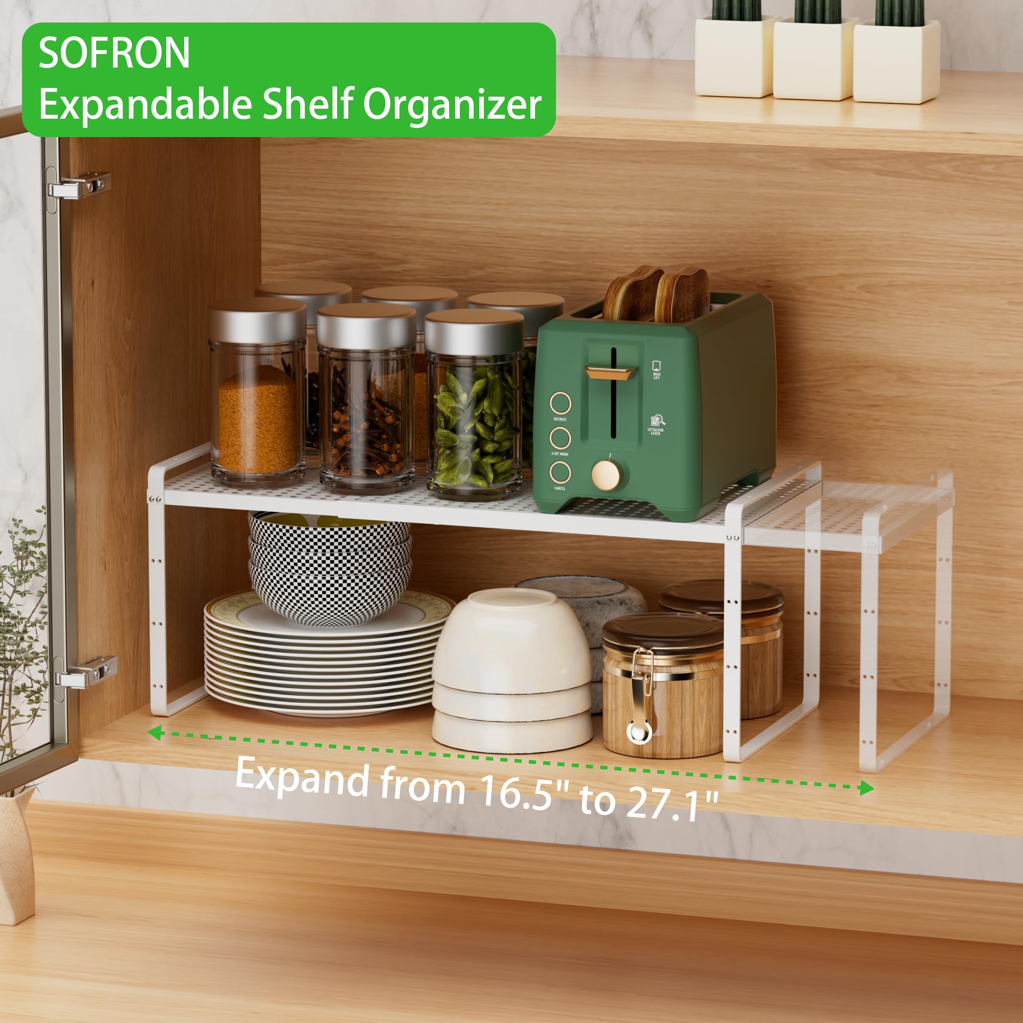 Expandable Cabinet Organizer Shelf - Stackable Storage Rack for Kitchen, Bathroom, Pantry & Office - Heavy Duty Non-Slip White Large Shelf (1 Pack) - Perfect for Spice Organization, Coffee Station & Countertop Storage