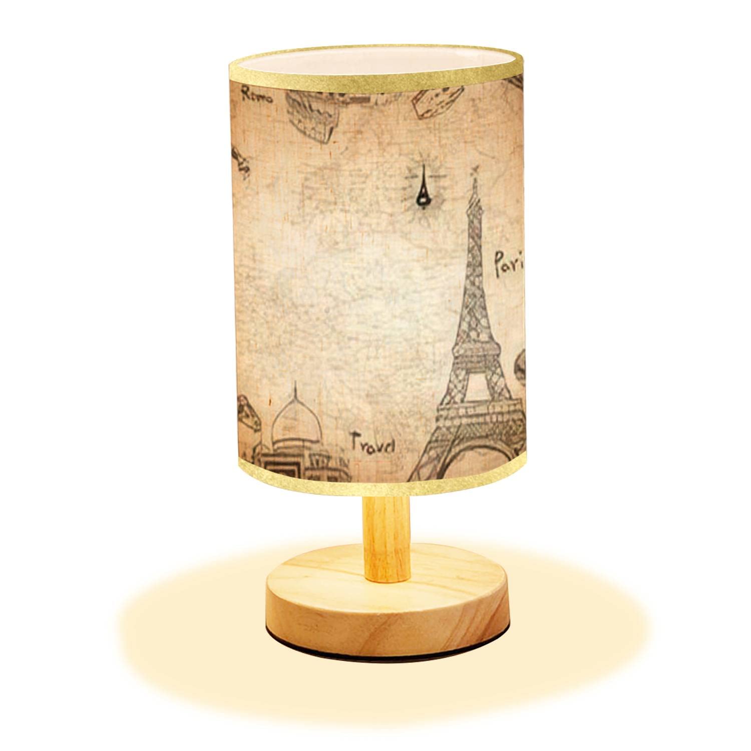 Minimalist Wooden Bedside Table Lamp with World Map Outline & City Names - Nightstand Lamp with Flaxen Fabric Shade for Bedroom, Living Room, Office - Perfect for Reading, Decor & Ambient Lighting