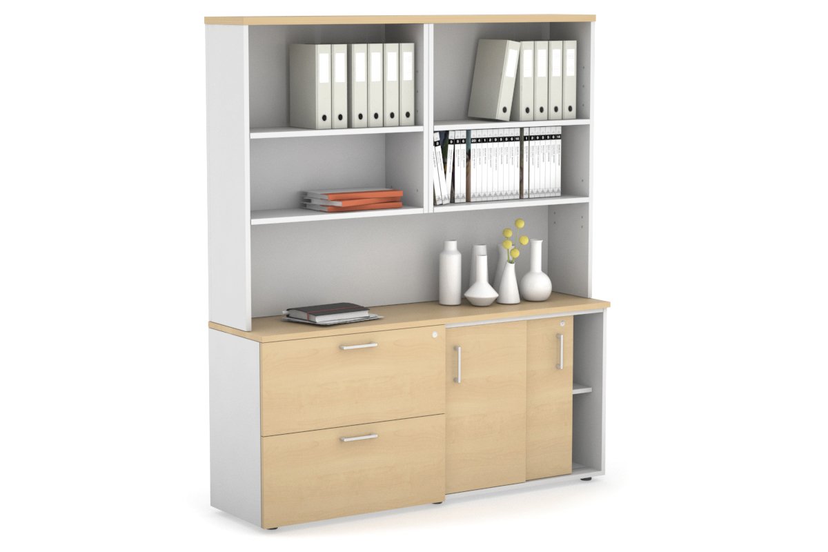 2-Door Sliding Credenza with 2 Drawers & Open Hutch - Modern Office Storage Cabinet for Files, Supplies & Decor - Perfect for Home Office, Conference Rooms & Workspaces