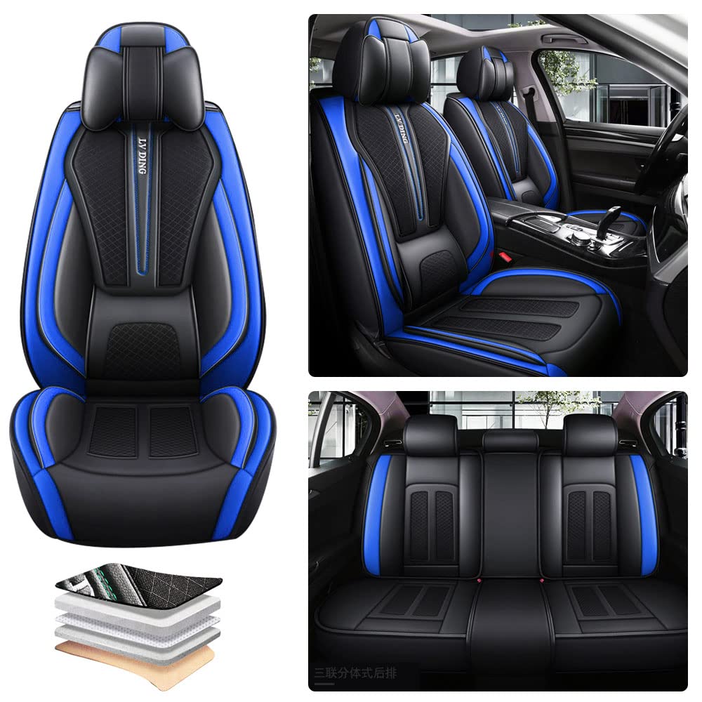 Premium Waterproof Car Seat Covers Full Set for Honda Civic Hybrid 2003-2015 - Leather & Ice Silk Seat Protectors (Black/Blue with Waist Pillow) | Durable Auto Accessories for Comfort & Protection | Perfect for Daily Commute, Road Trips & Family Travel