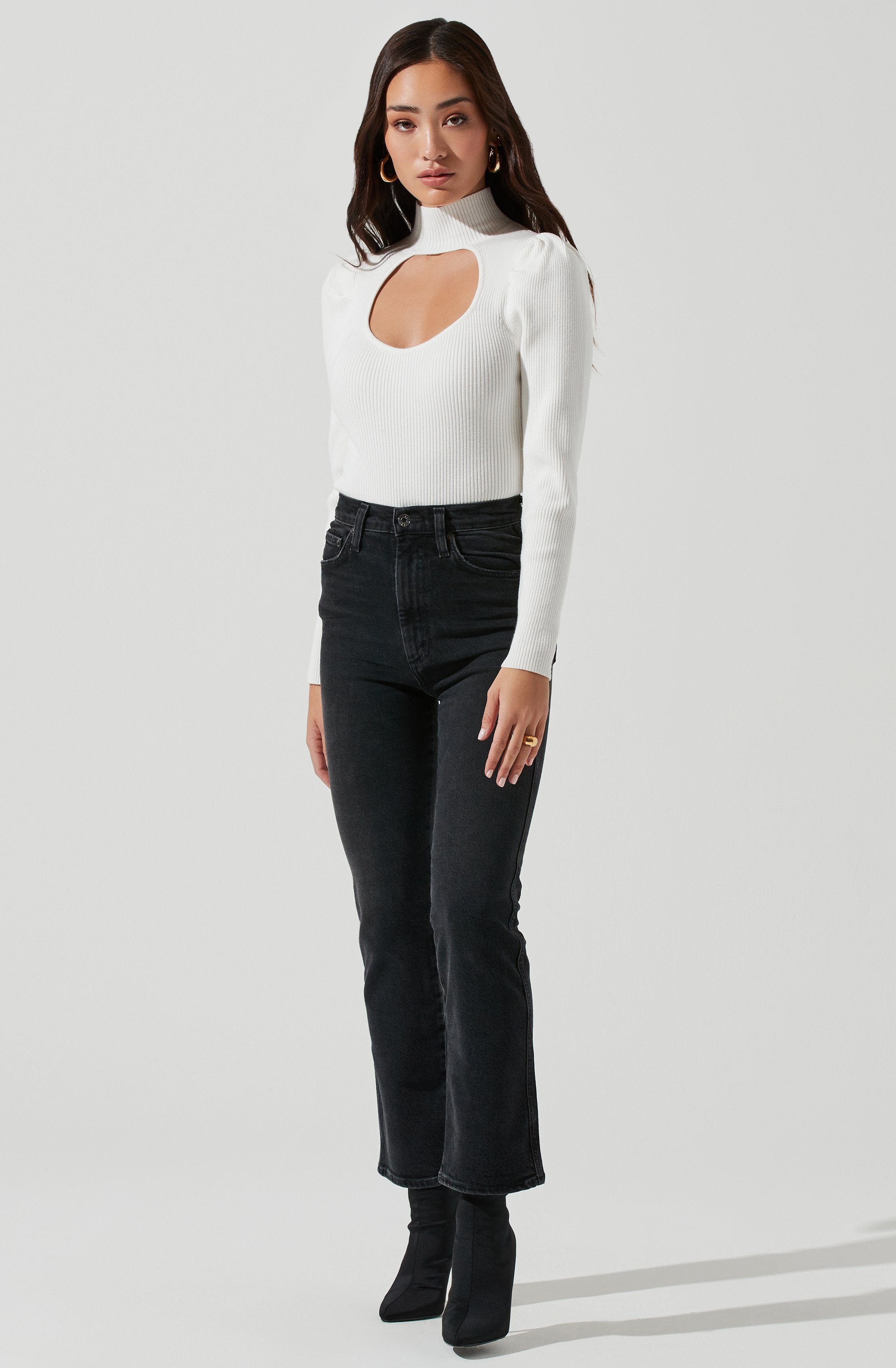Stylish Front Cutout Long Sleeve Sweater Bodysuit for Women - Trendy Fall Winter Layering Piece for Date Night & Office Wear