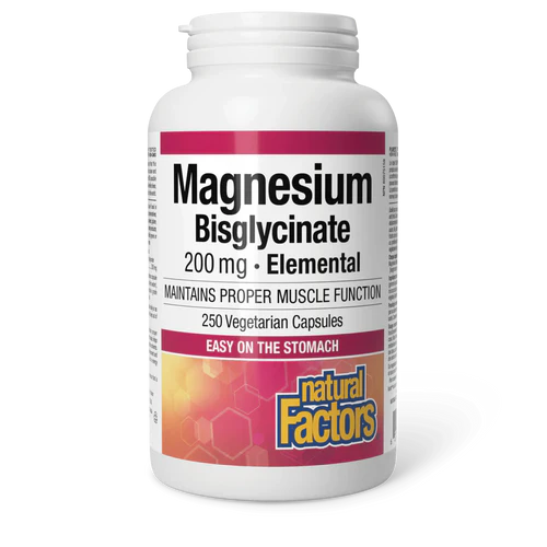 Natural Factors Magnesium Bisglycinate 200mg - 250 Vegetarian Capsules for Muscle Relaxation, Stress Relief & Better Sleep | High Absorption Chelated Magnesium Supplement for Adults