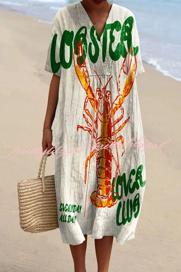Stylish Marine Print V-Neck Short Sleeve Midi Dress for Women | Beach Vacation, Summer Outfits, Casual Wear