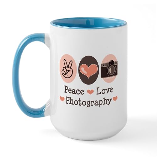 White/Blue Inside - Peace Love Photography Camera Large Mug