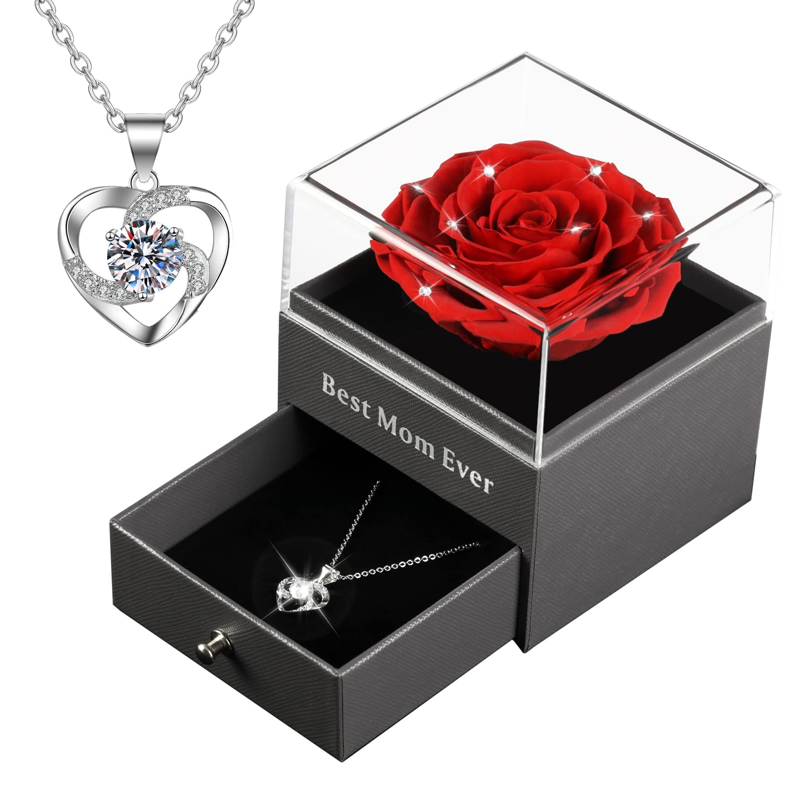 Best Mom Ever Gifts - Eternal Preserved Real Rose in Glass Dome with Necklace, Enchanted Rose Flower Gift for Mother's Day, Anniversary, Valentine's Day (Red Rose with Crystal) - Perfect for Home Decor, Romantic Surprise & Special Occasion Gifts