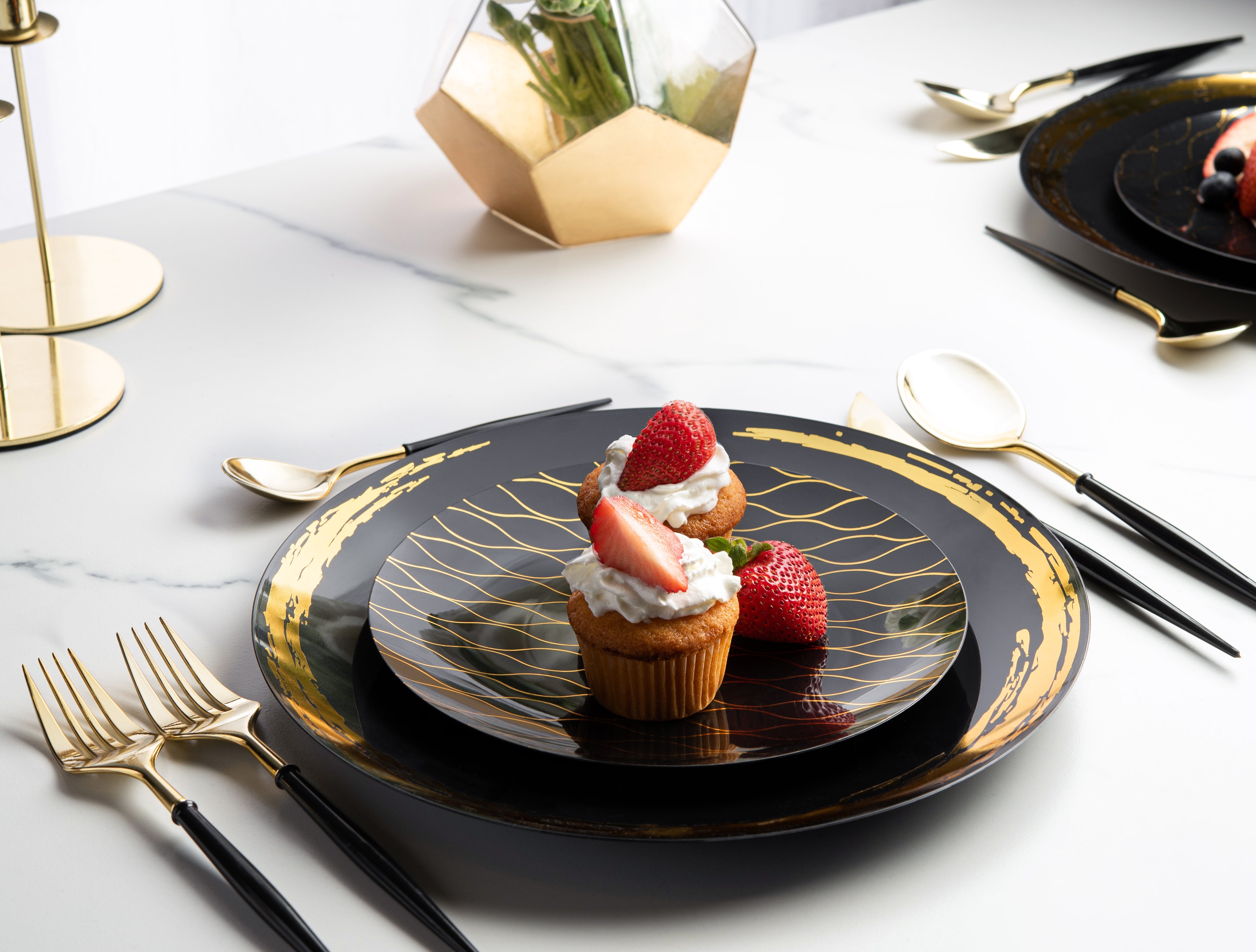32-Piece Black and Gold Round Plastic Dinnerware Set - 16 Place Settings - Elegant Disposable Plates, Bowls, Cups & Cutlery for Parties, Weddings, and Outdoor Events