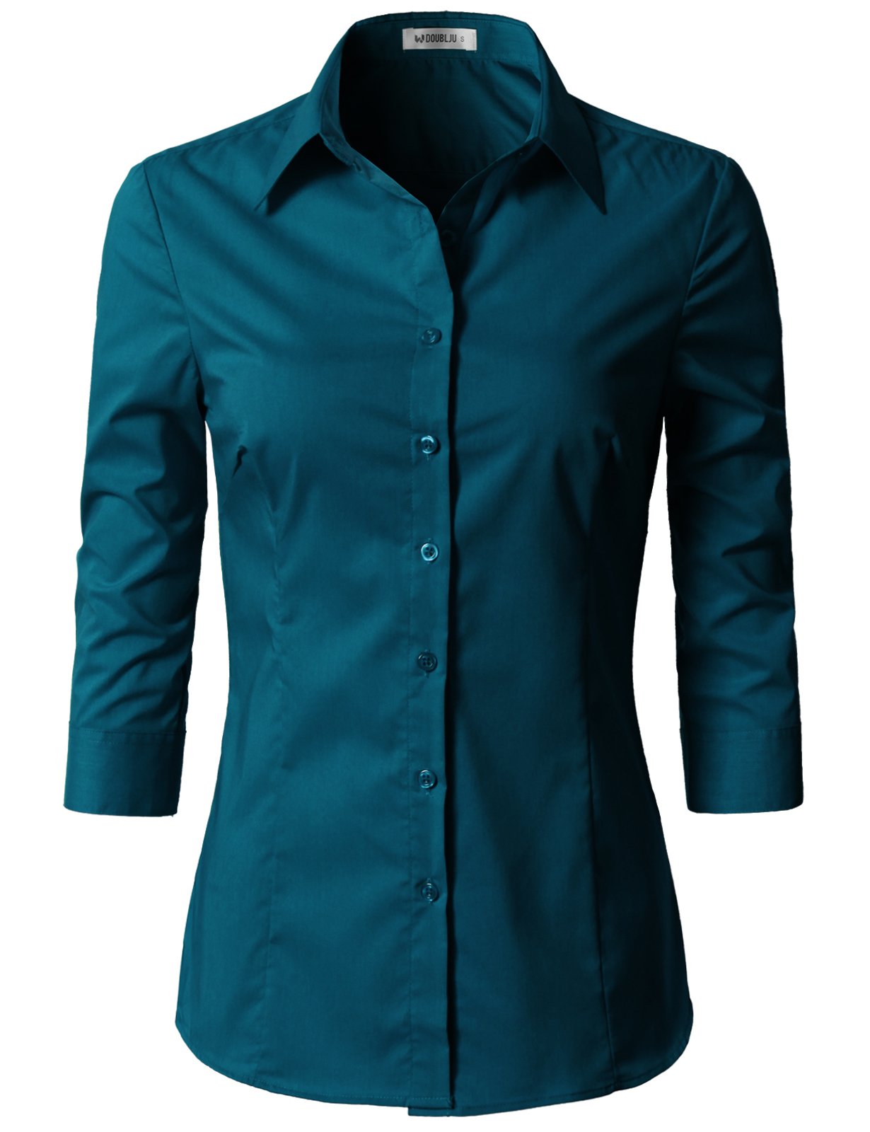 DOUBLJU Women's Slim Fit 3/4 Sleeve Button Down Shirt - Casual Basic Tops for Work & Everyday Wear - Plus Size Available - Comfortable Office & Weekend Outfit