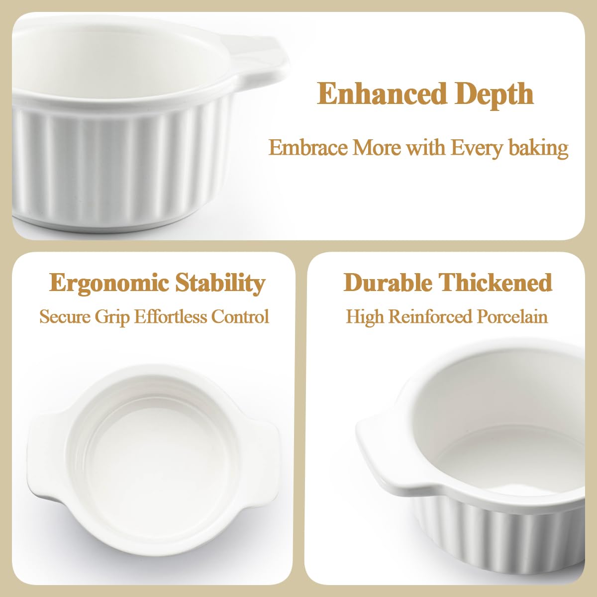 12 Oz French Onion Soup Bowls with Handles - Set of 6 Oven-Safe Ramekins for Beef Stew, Chili, Cereal & Dessert | Perfect for Baking, Serving & Entertaining
