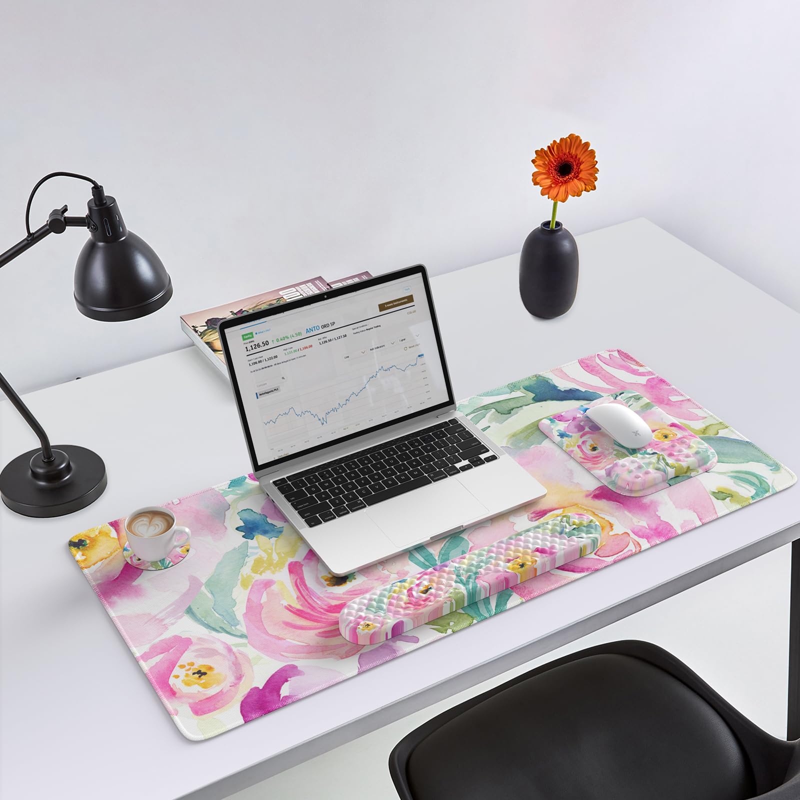 HAOCOO Large Ergonomic Mouse Pad with Wrist Rest - 4-Piece Desk Mat Set with Memory Foam Gaming Mousepad & Coaster - Pink Floral Design for Women - Perfect for Office, Gaming & Laptop Use