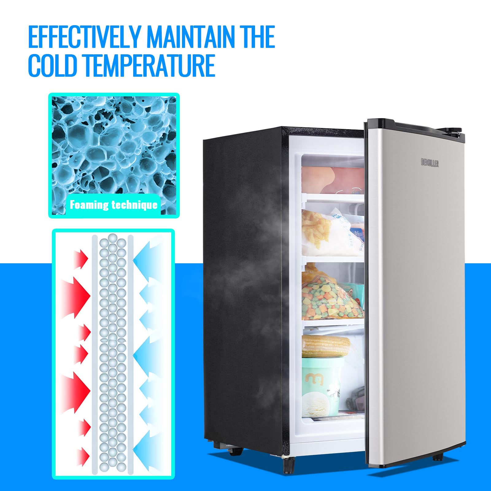 3.2 Cu.Ft Upright Freezer - 7 Adjustable Temperature Settings, Rapid Cooling Technology, Compact Single Door Design for Home, Kitchen, Dorm, Office, RV - Silver (Ideal for Frozen Food Storage & Space Saving)