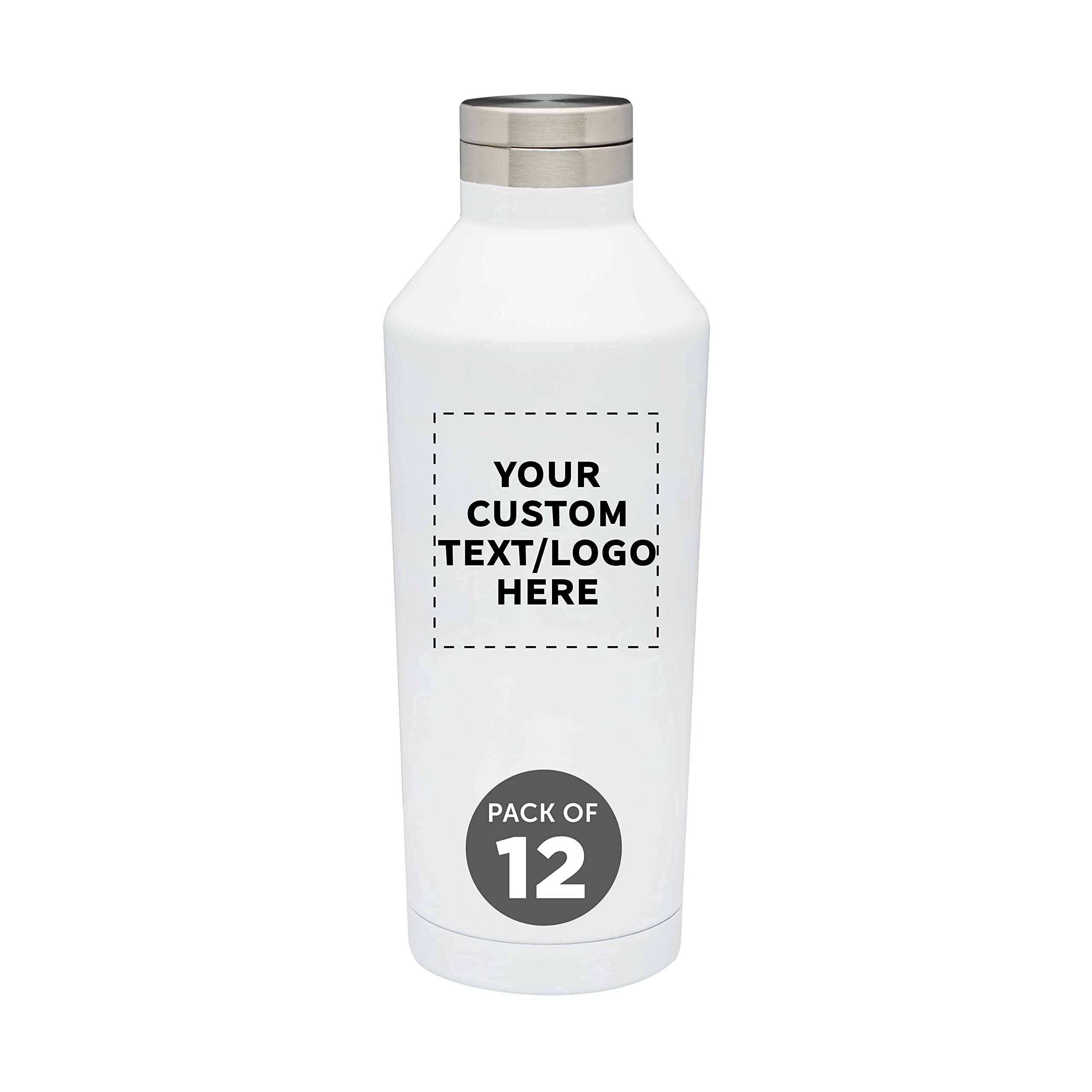 Custom Stainless Steel Water Bottles 17 oz (12 Pack) - Double Wall Insulated, Personalized Bulk Promotional Drinkware - Keeps Coffee, Tea, Soda Hot & Cold - Perfect for Office Gifts, Corporate Events, Gym & Outdoor Activities - White