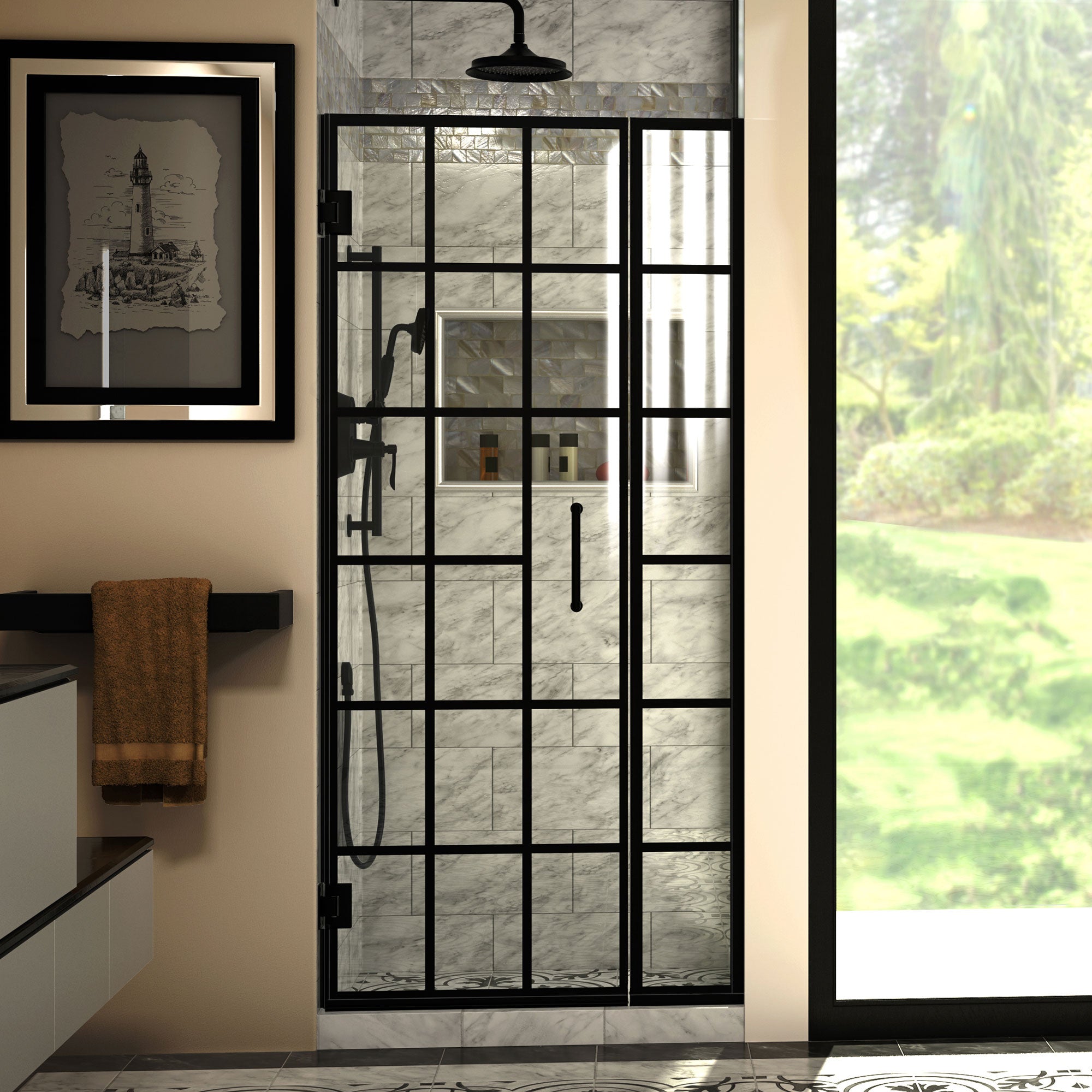 DreamLine Unidoor Toulon 34-34.5 Inch W x 72 Inch H Frameless Hinged Shower Door - Modern Bathroom Upgrade for Small Spaces & Luxury Homes