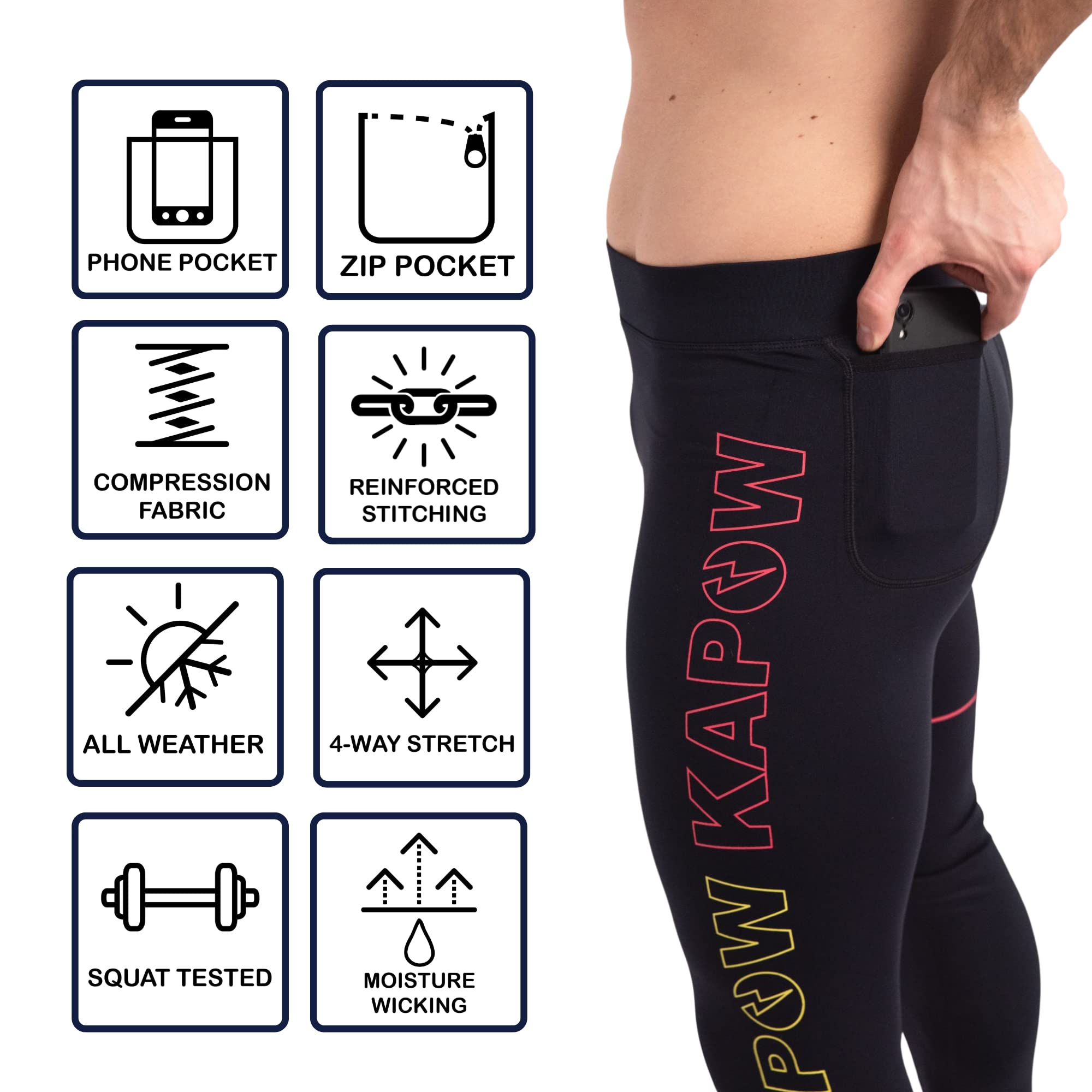 Kapow Meggings Performance Pro Range - Men's Compression Leggings with Pockets for Running, Gym & Workout | Moisture-Wicking & Breathable for High-Intensity Training