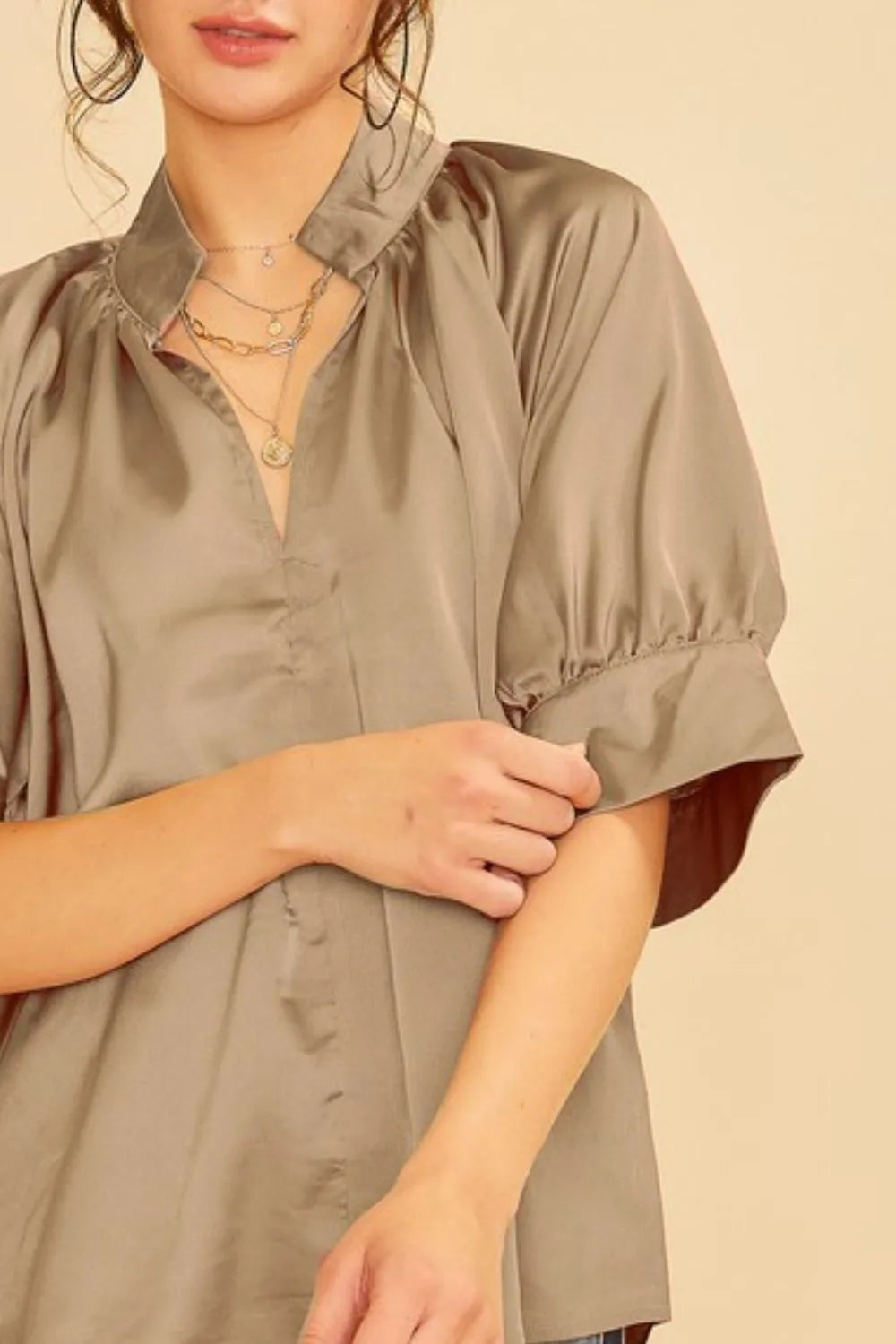 Elegant Satin V-Neck Short Sleeve Blouse for Women - Breathable Woven Resort Top for Summer Vacations, Beach Getaways & Casual Outings