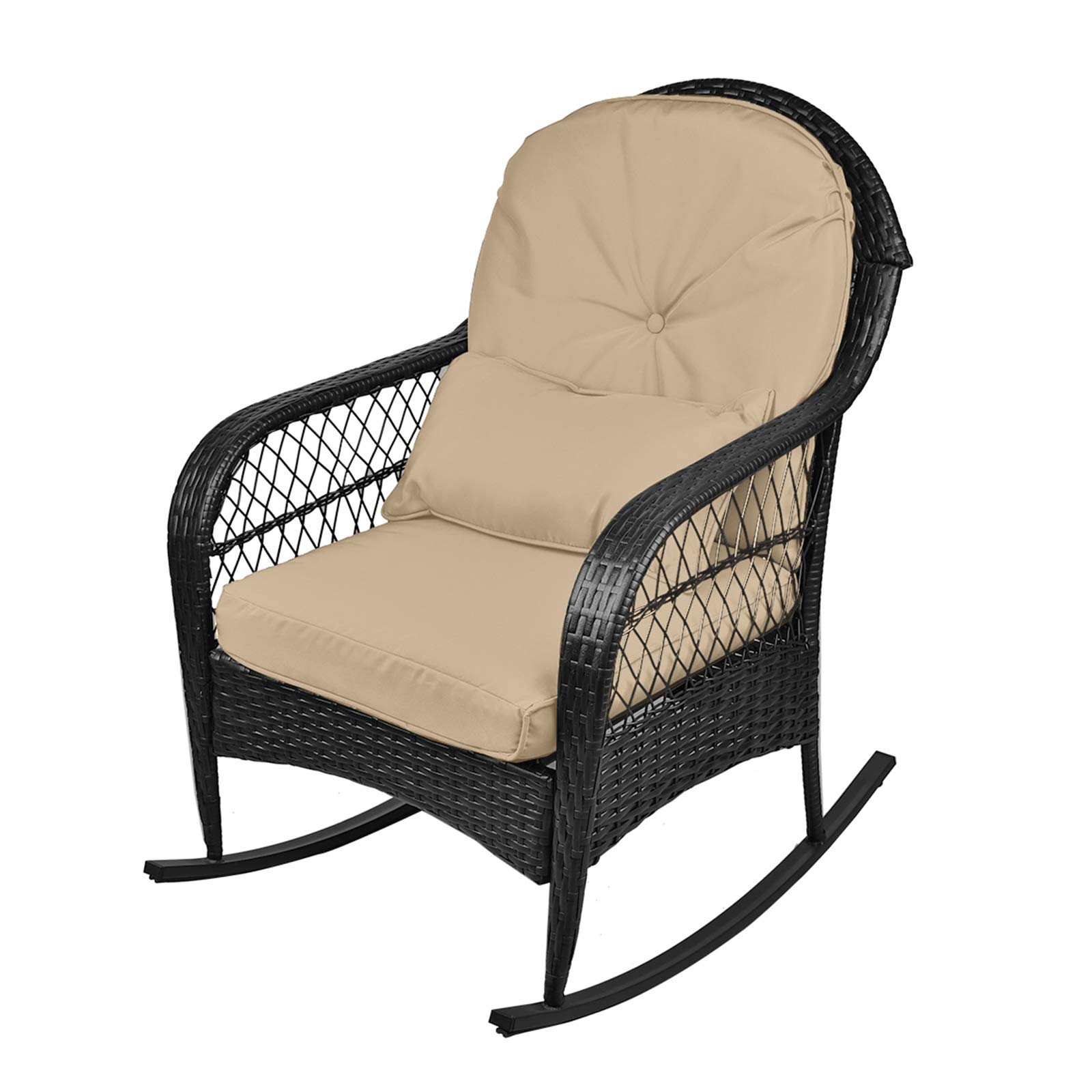 All-Weather Wicker Rocking Chair for Outdoor Use - Patio, Garden, Porch, Balcony & Backyard Furniture with Comfortable Cushions (1PC, Khaki) - Perfect for Relaxing, Sunbathing & Reading in Your Outdoor Space
