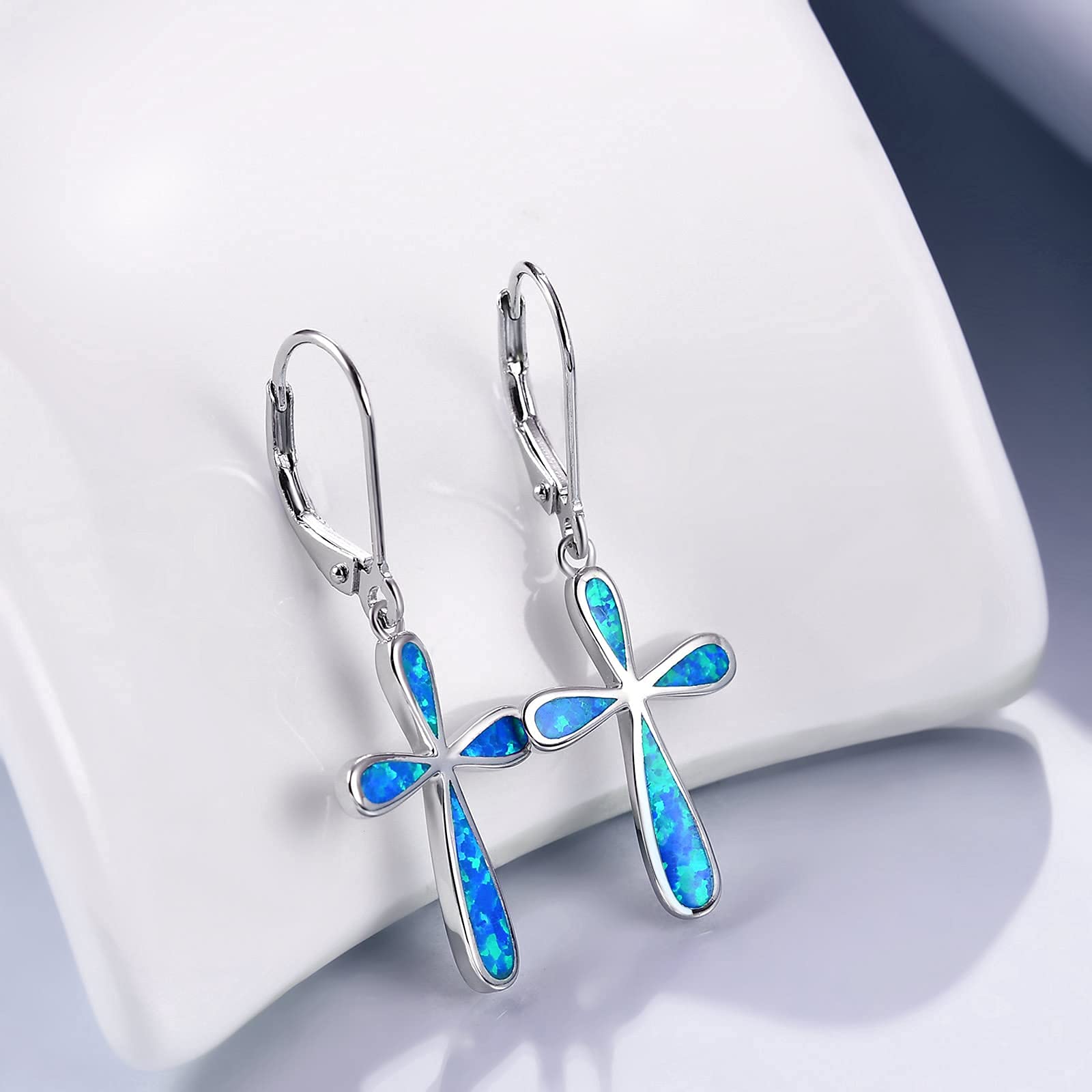 YAFEINI Sterling Silver Opal Cross Dangle Earrings for Women - Leverback Hypoallergenic Jewelry for Church, Wedding & Everyday Wear
