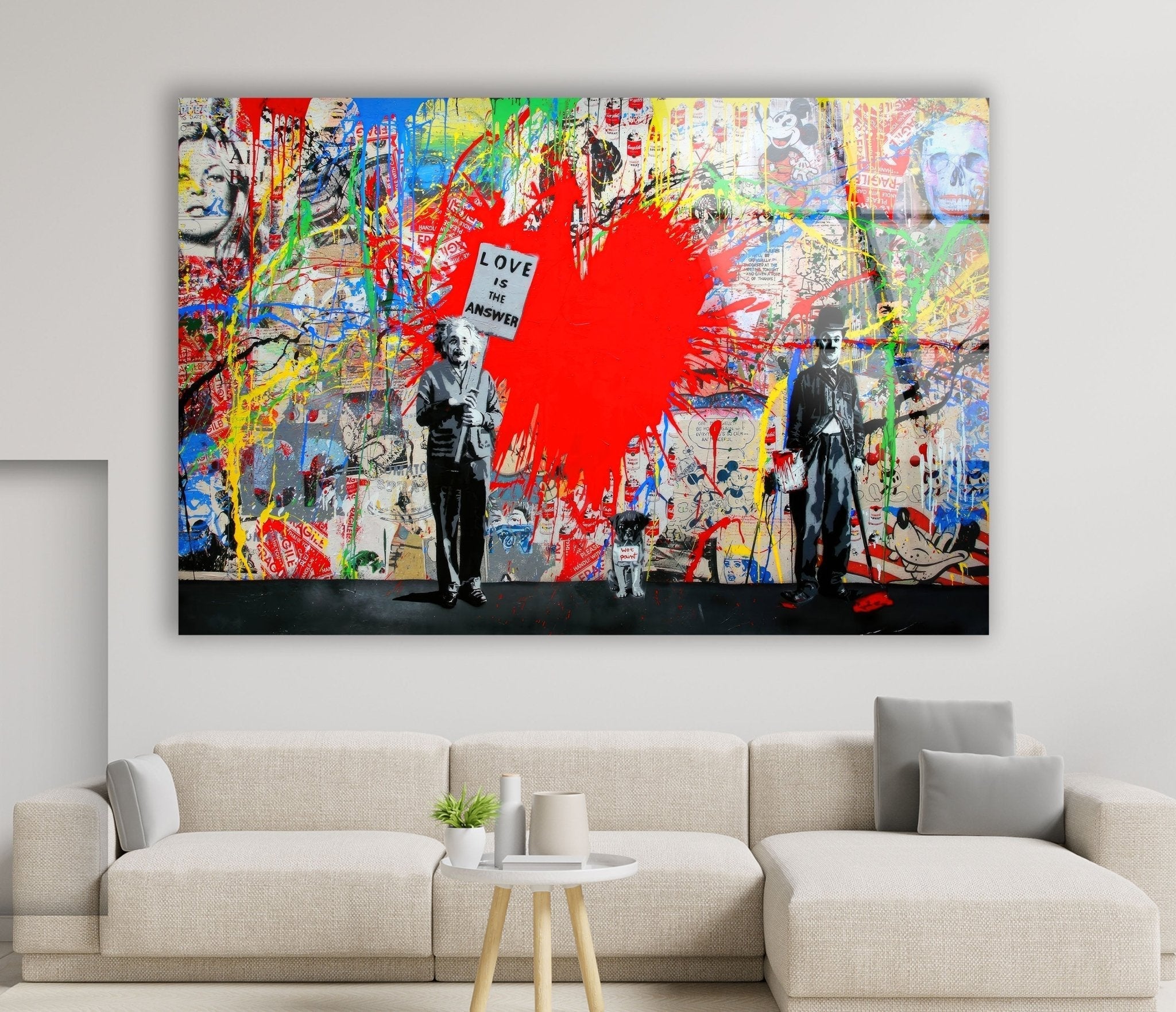 Banksy Einstein Love is the Answer Glass Wall Art - Modern Home Decor for Living Room, Bedroom & Office
