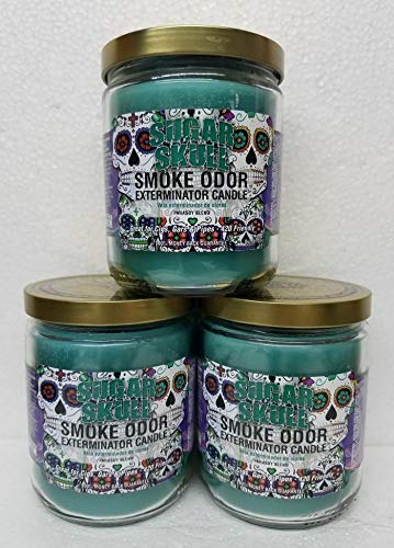 Smoke Odor Eliminator Candle - 13oz Jar with Sugar Skull Design (Set of 3) | Freshen Home, Car & Office | Natural Air Purifier for Smoke, Pet & Cooking Odors