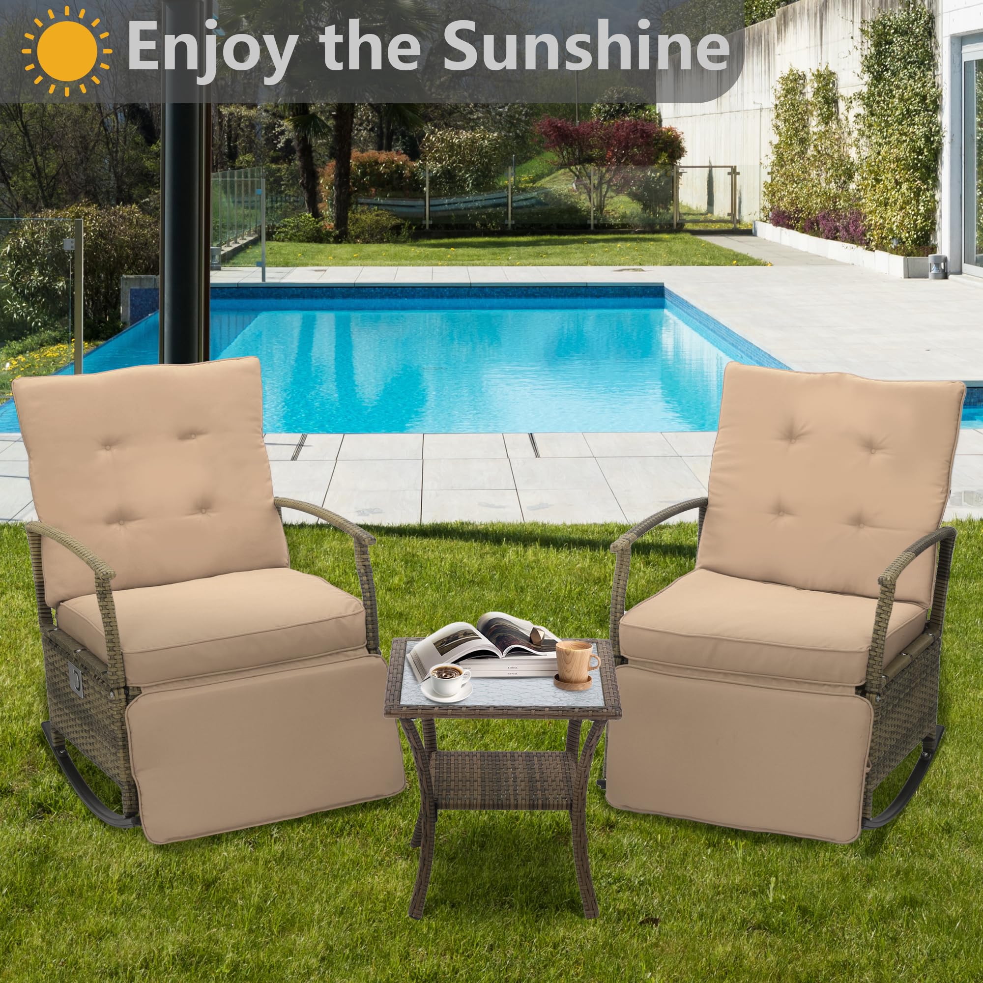 **Outdoor Rocking Chairs Adjustable Rattan Recliner - PE Wicker Patio Furniture Set with Thick Cushions & Removable Glass Tabletop, Beige - Perfect for Garden, Poolside, and Backyard Relaxation**