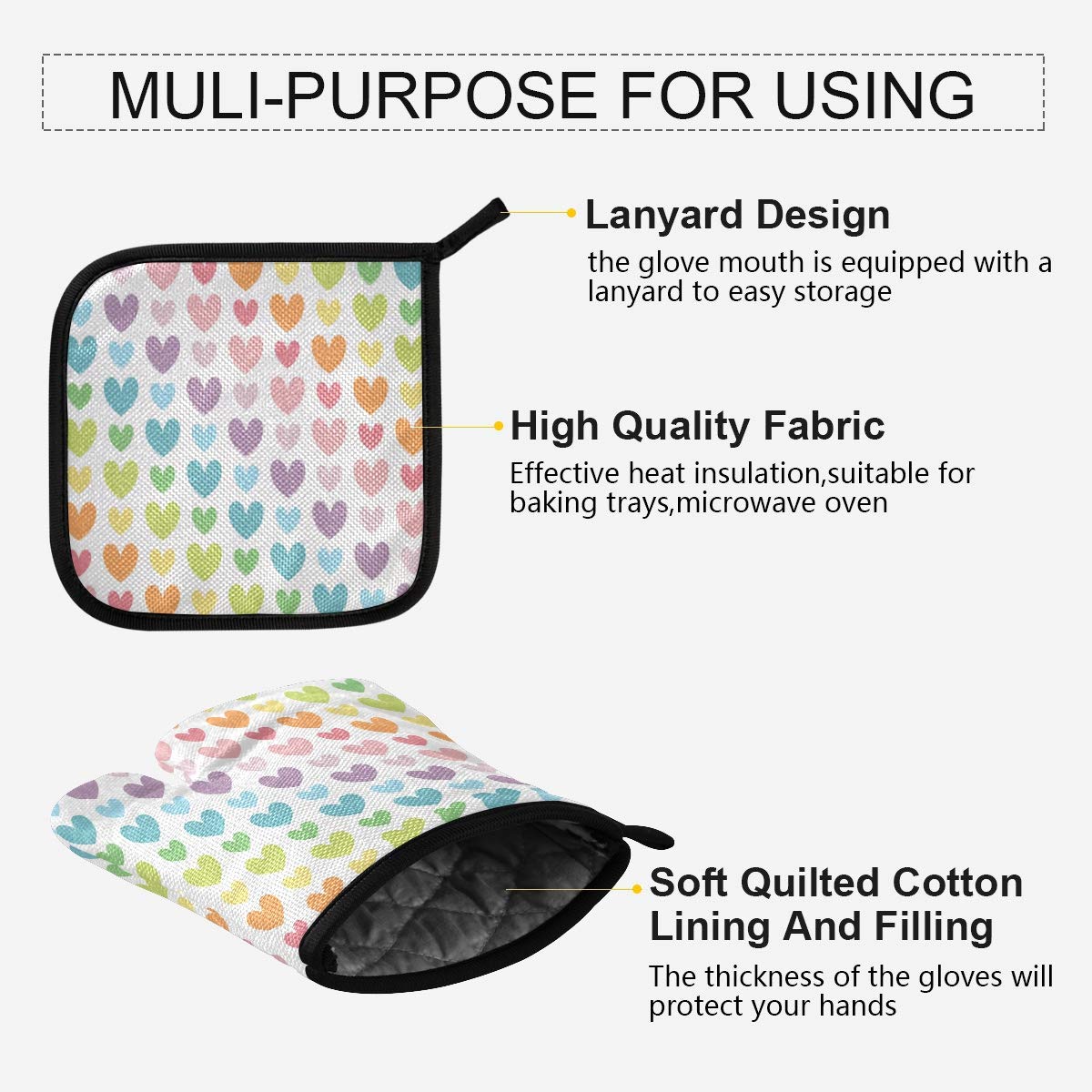 Rainbow Heart Oven Mitts & Pot Holders Set - 2 Pcs Heat Resistant Non-Slip Kitchen Gloves for Cooking, Baking, BBQ, Grilling - Perfect for Valentine's Day Gifts & Holiday Kitchen Decor