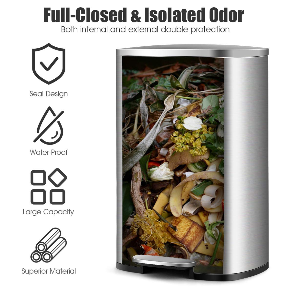Goplus 13.2 Gallon/50L Stainless Steel Touchless Trash Can with Step-On Pedal, Soft-Close Lid & Fingerprint-Resistant - Perfect for Kitchen, Living Room & Home Office Waste Disposal