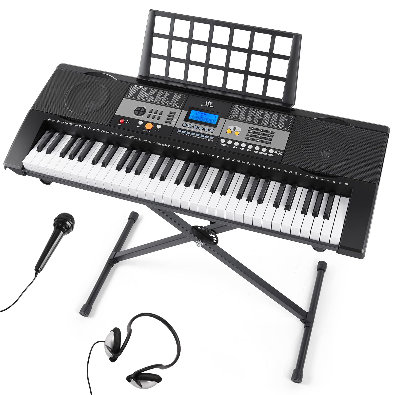 MUSTAR 61-Key Portable Electronic Keyboard Piano with Touch Sensitive Keys, Stand, LCD Display, Headphone Jack & Microphone - Ideal for Beginners, Home Practice & Music Lessons (Black)