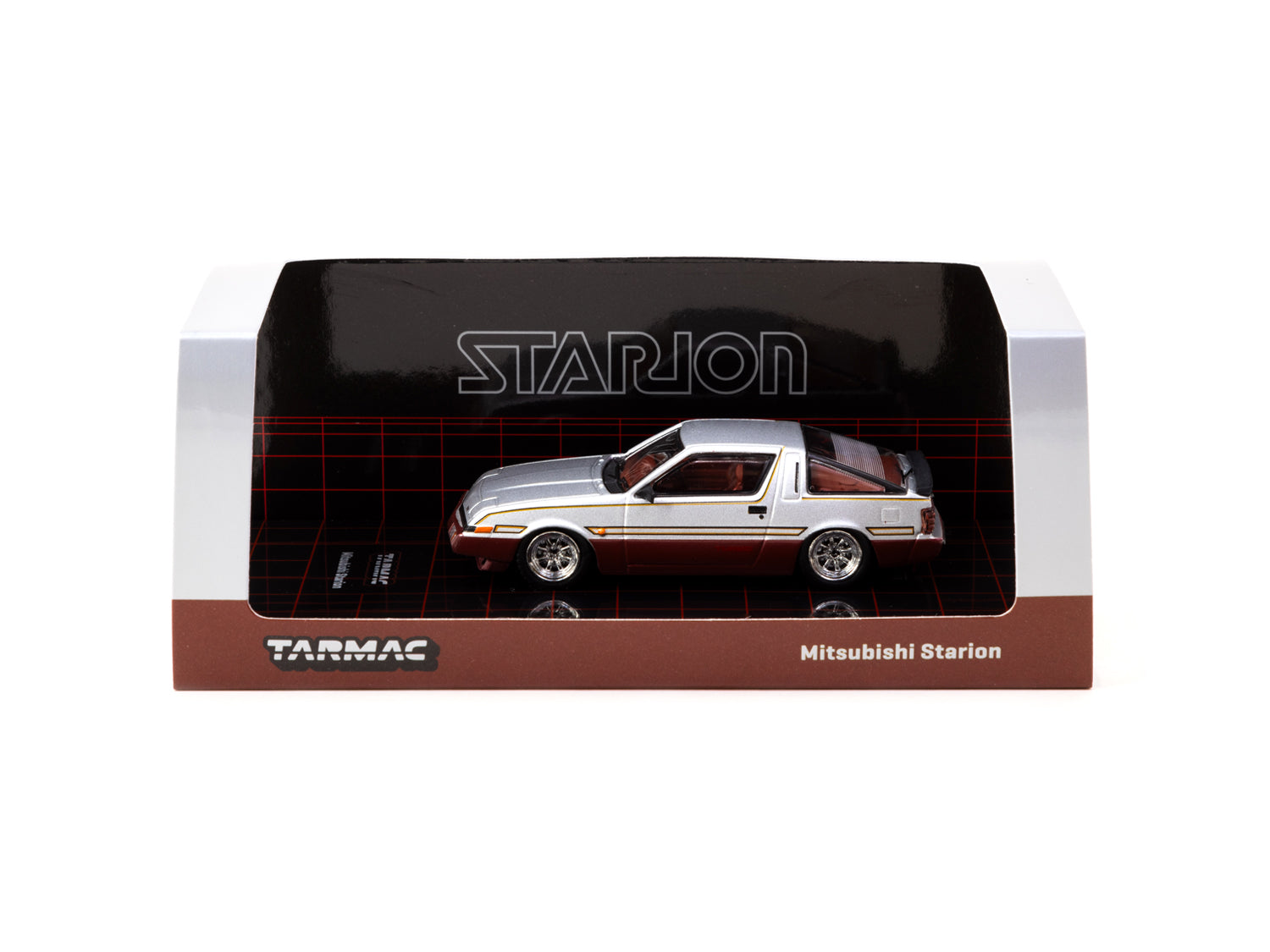 Tarmac Works 1/64 Scale Mitsubishi Starion Diecast Model Car - Silver & Dark Red (ROAD64) - Perfect for Collectors, Display Cases, and Racing Dioramas