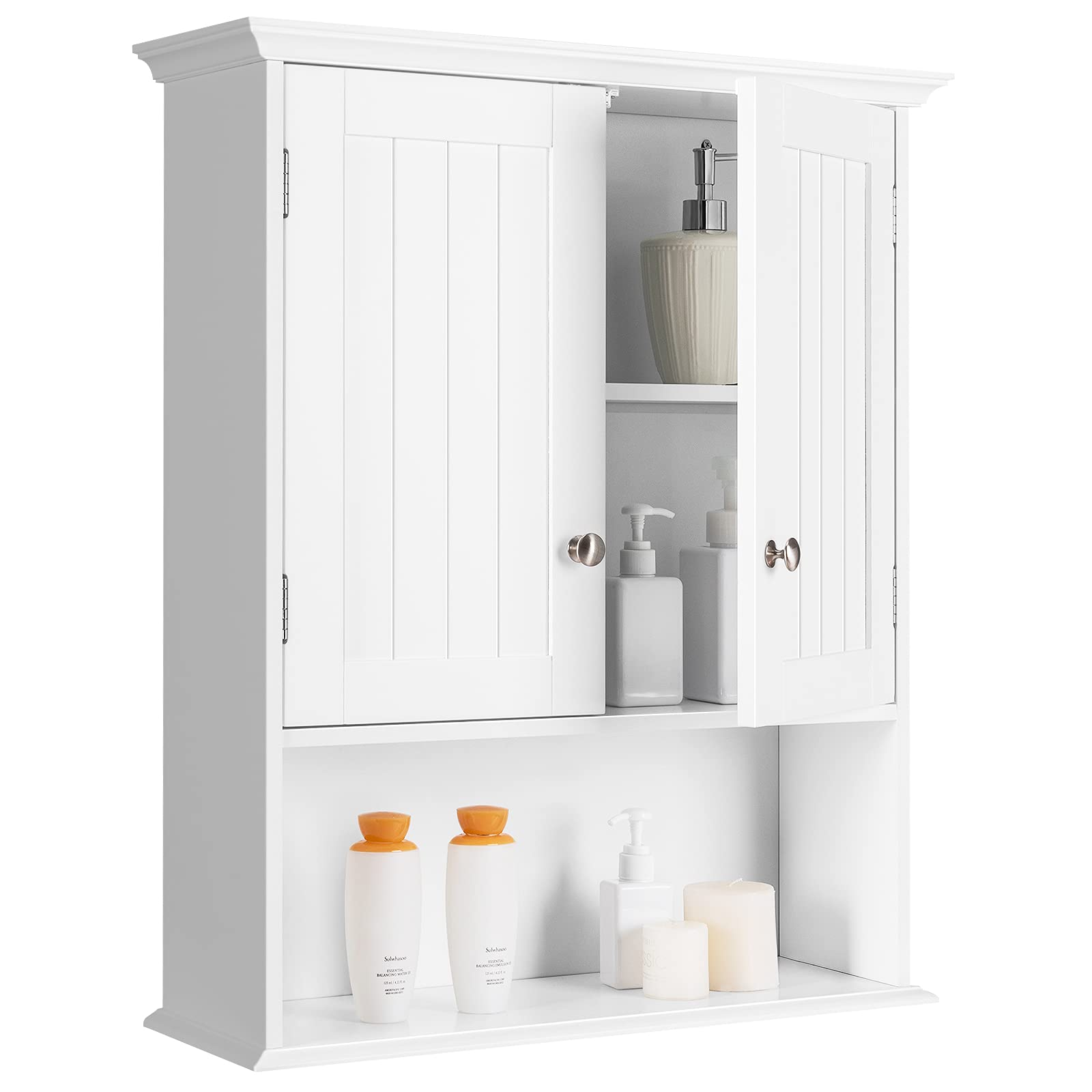 Tangkula Wall Mounted Bathroom Storage Cabinet - Wooden Hanging Medicine Cabinet with Doors & Shelves for Bathroom, Kitchen, Living Room Organization | Perfect for Small Spaces, Apartment Storage & Home Decor