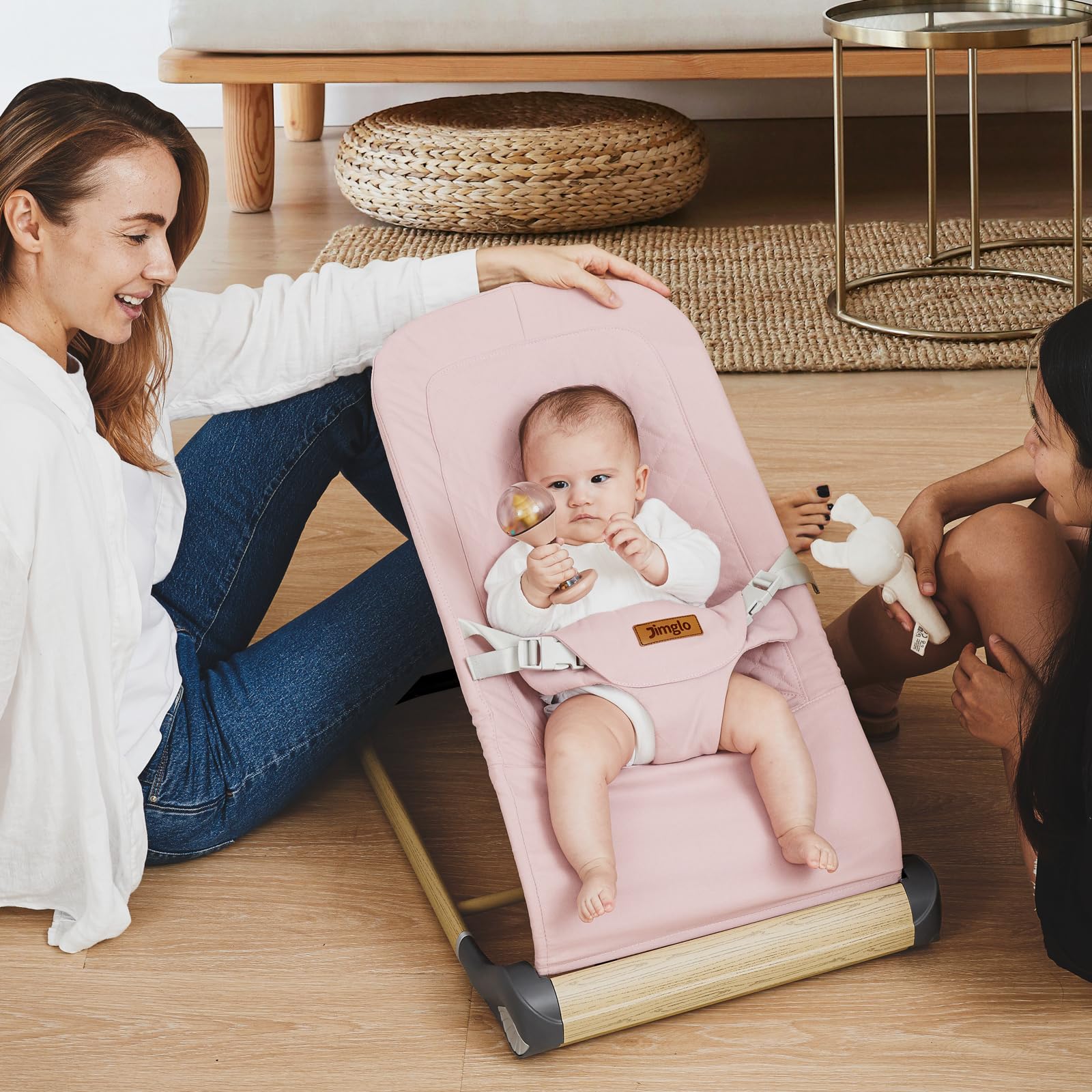 Foldable Baby Bouncer Seat - Adjustable Height Infant Bouncer with Soft Cotton Cover (Pink) | Portable & Lightweight for Home, Travel & Outdoor Use
