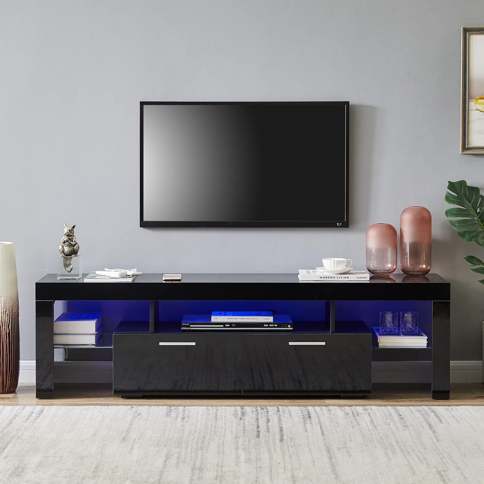 Modern Black TV Stand with LED Lights - High Glossy TV Cabinet for Living Room, Bedroom & Lounge - Easy Assembly & Stylish Storage for TVs & Entertainment Systems