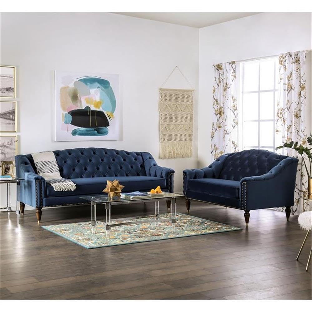 Furniture of America Tidi Transitional Fabric Tufted Loveseat in Blue - Stylish Sofa for Living Room, Office & Small Spaces