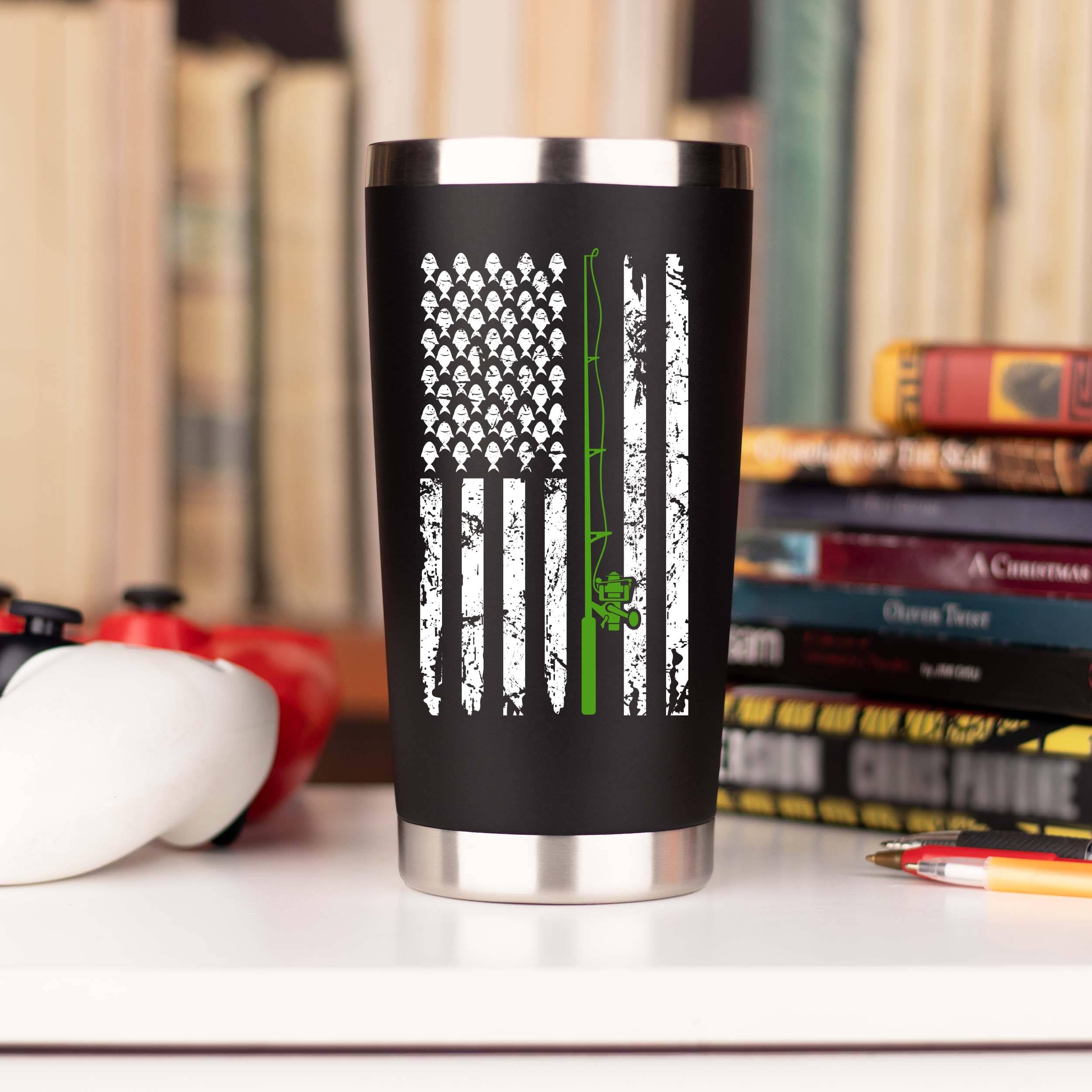 JENVIO 20oz Stainless Steel Travel Tumbler for Men - Double Wall Vacuum Insulated Coffee Mug with 2 Lids & 2 Straws - Funny Fishing Theme Gift for Valentine's Day, Birthday or Christmas - Perfect for Camping, Office & Outdoor Adventures