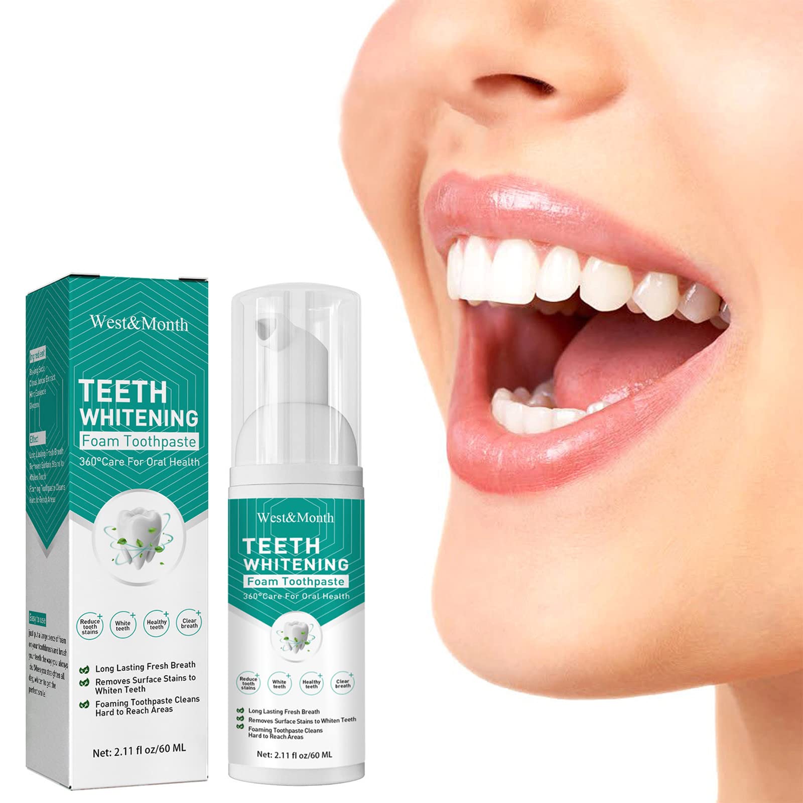 Teeth Whitening Toothpaste - Ultra-Fine Mousse Foam with Baking Soda for Deep Stain Removal & Gum Care (60ml) | Brighten Smile, Fresh Breath for Daily Oral Hygiene & Coffee/Wine Stain Prevention