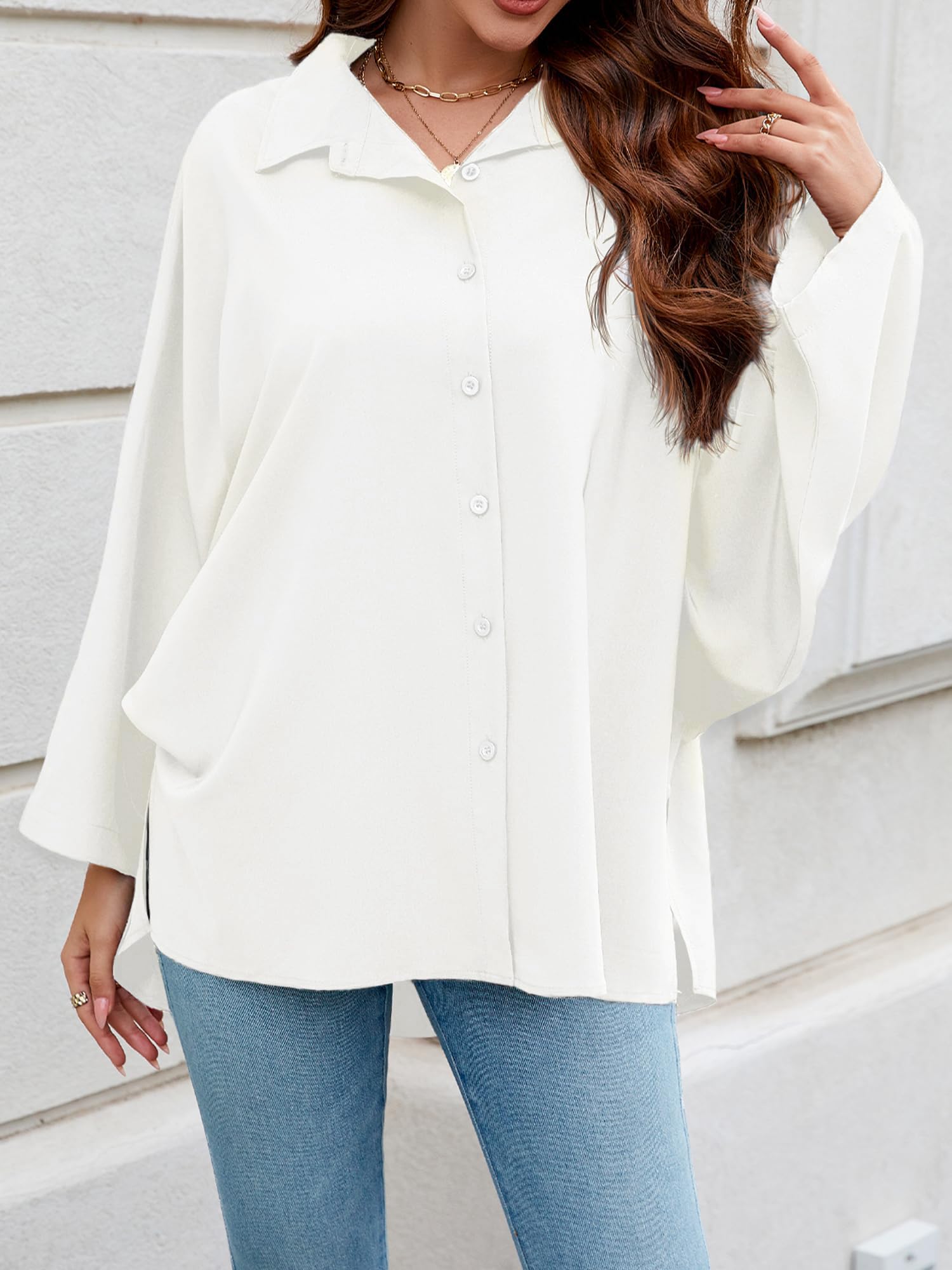 Women's Batwing Button Down Shirts - Long Sleeve Loose Blouses for Office & Casual Wear | Elegant Tunic Tops for Work, Date Night & Everyday Outfits